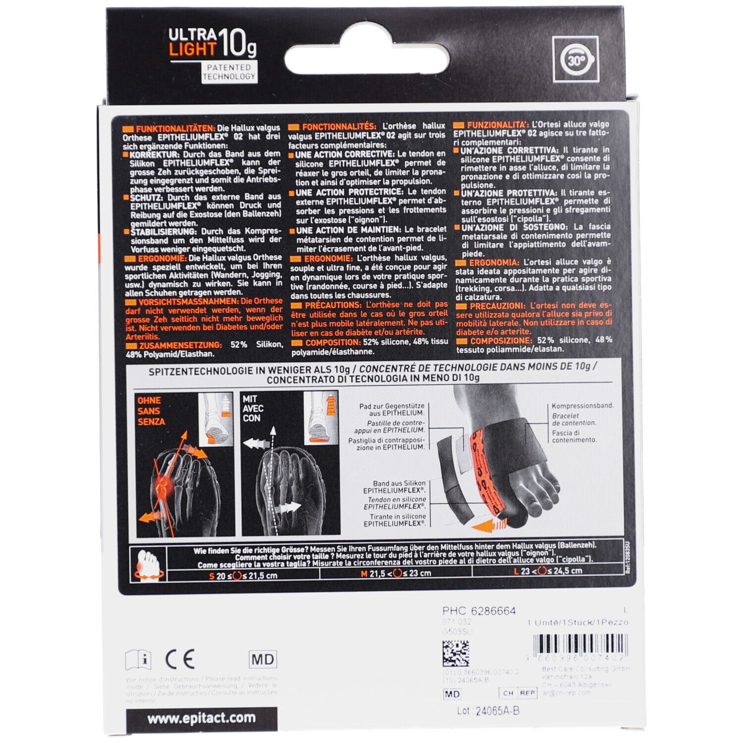 Rückseite der Verpackung. Text in mehreren Sprachen. Enthält Informationen zur Funktionalität und Zusammensetzung. Marke: EPITACT.