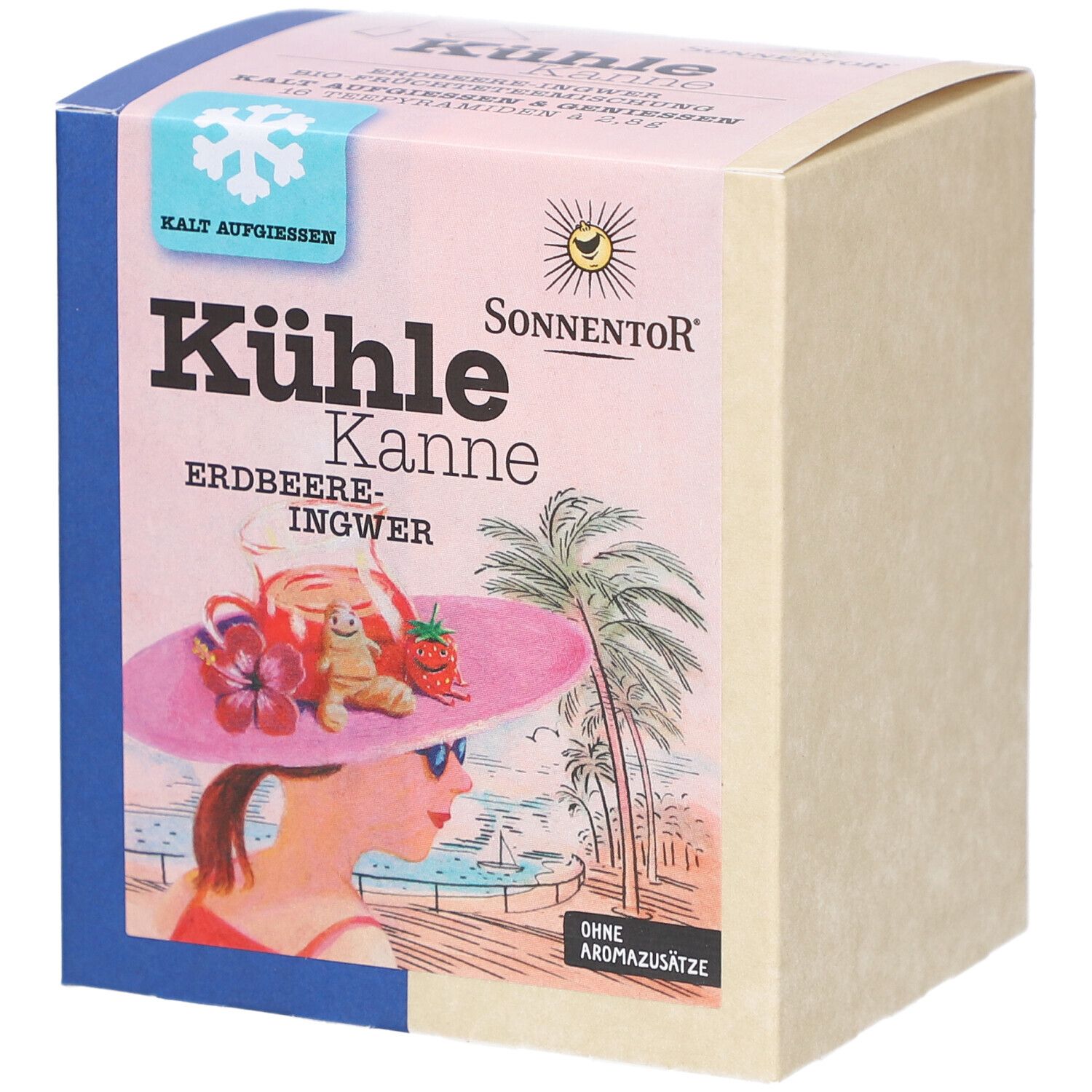 Boîte avec impression. Inscription : Kühle Kanne Erdbeer-Ingwer. Logo : Sonnentor. Illustration : femme avec chapeau à la plage.