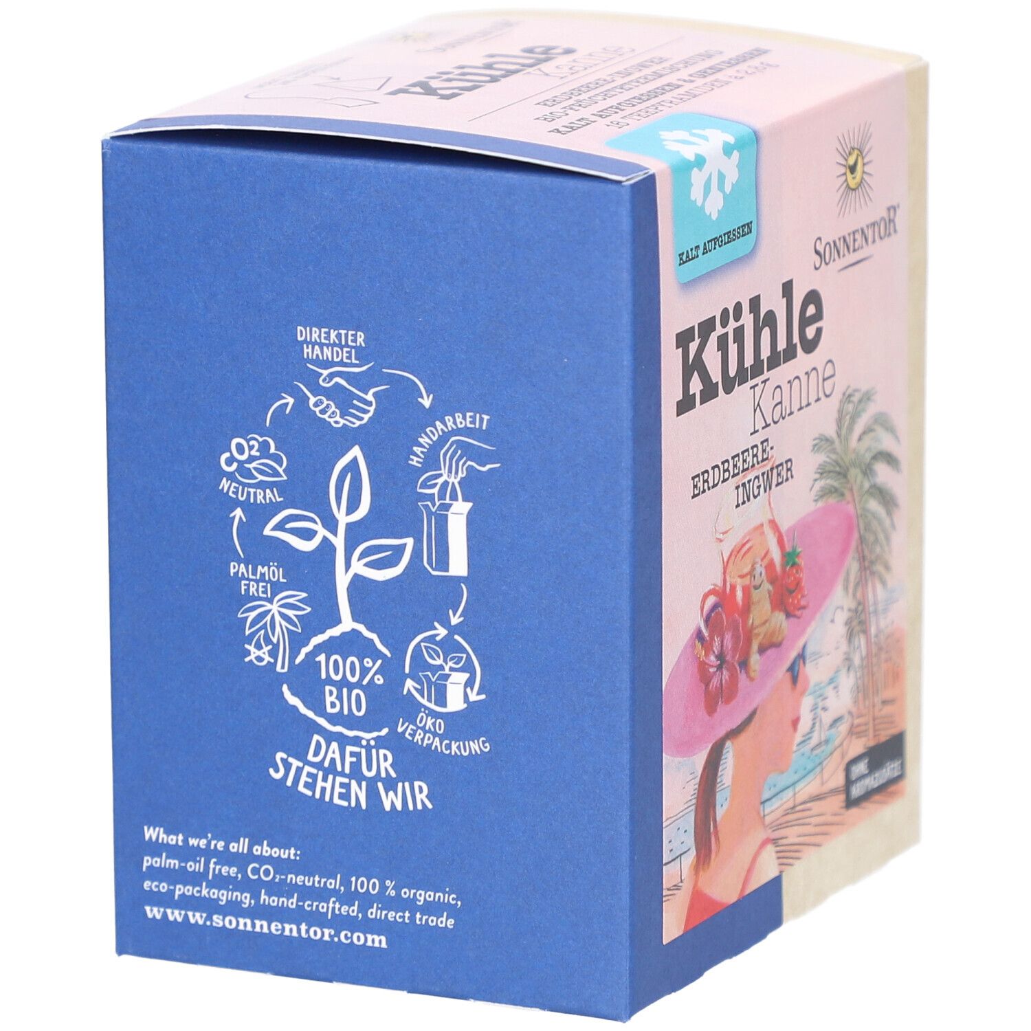 Boîte avec surfaces bleues et beiges. Impression : 100% Bio, sans huile de palme, neutre en CO2, fait à la main, commerce direct. Logo : Sonnentor.