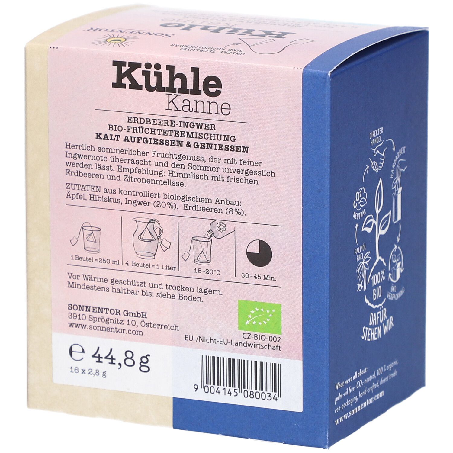 Boîte avec impression. Inscription : Kühle Kanne Erdbeer-Ingwer. Ingrédients, instructions de préparation, label bio. Poids : 44,8g.