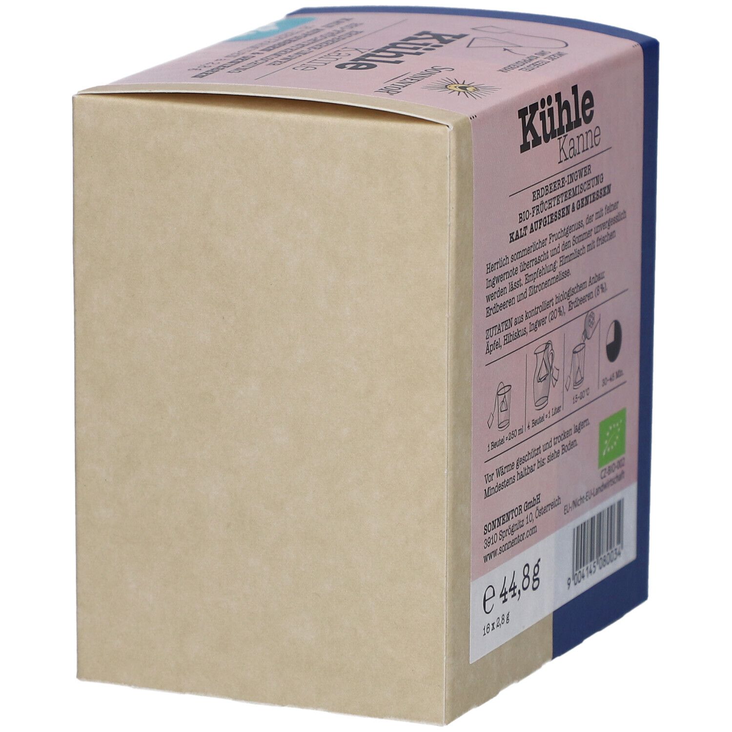 Emballage en carton beige et bleu. Inscription : Kühle Kanne Erdbeer-Ingwer. Label bio. Poids : 44,8g.