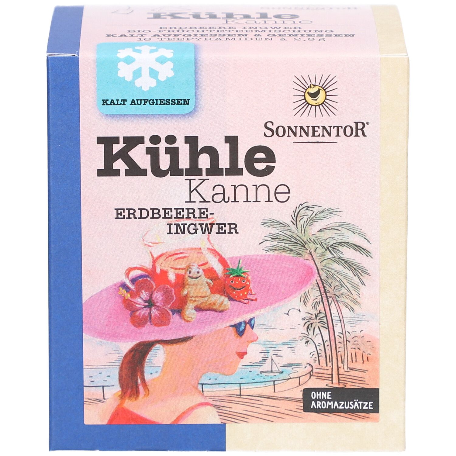 Boîte avec impression. Inscription : Kühle Kanne Erdbeer-Ingwer. Logo : Sonnentor. Illustration : femme avec chapeau à la plage. Sans additifs aromatiques.