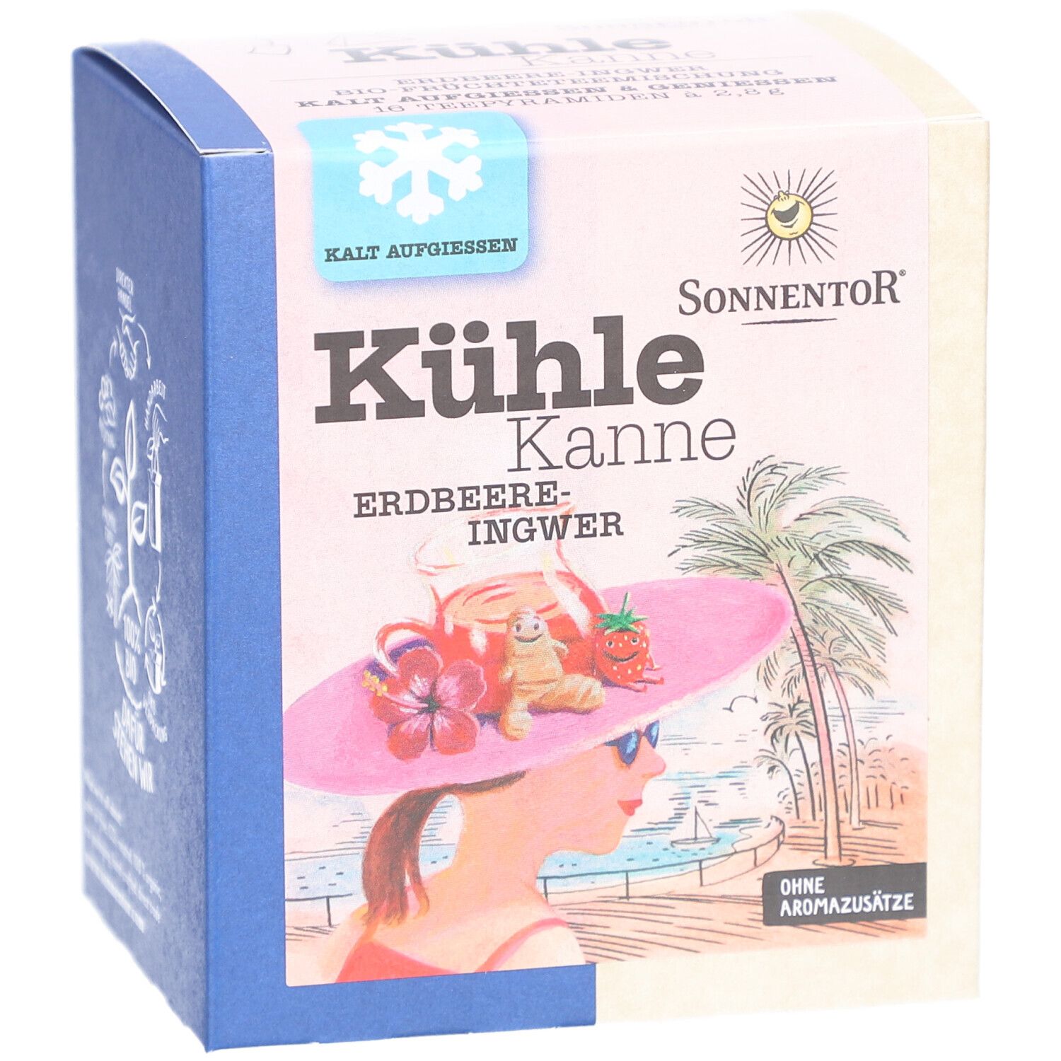 Boîte avec impression. Inscription : Kühle Kanne Erdbeer-Ingwer. Logo : Sonnentor. Illustration : femme avec chapeau à la plage. Sans additifs aromatiques.