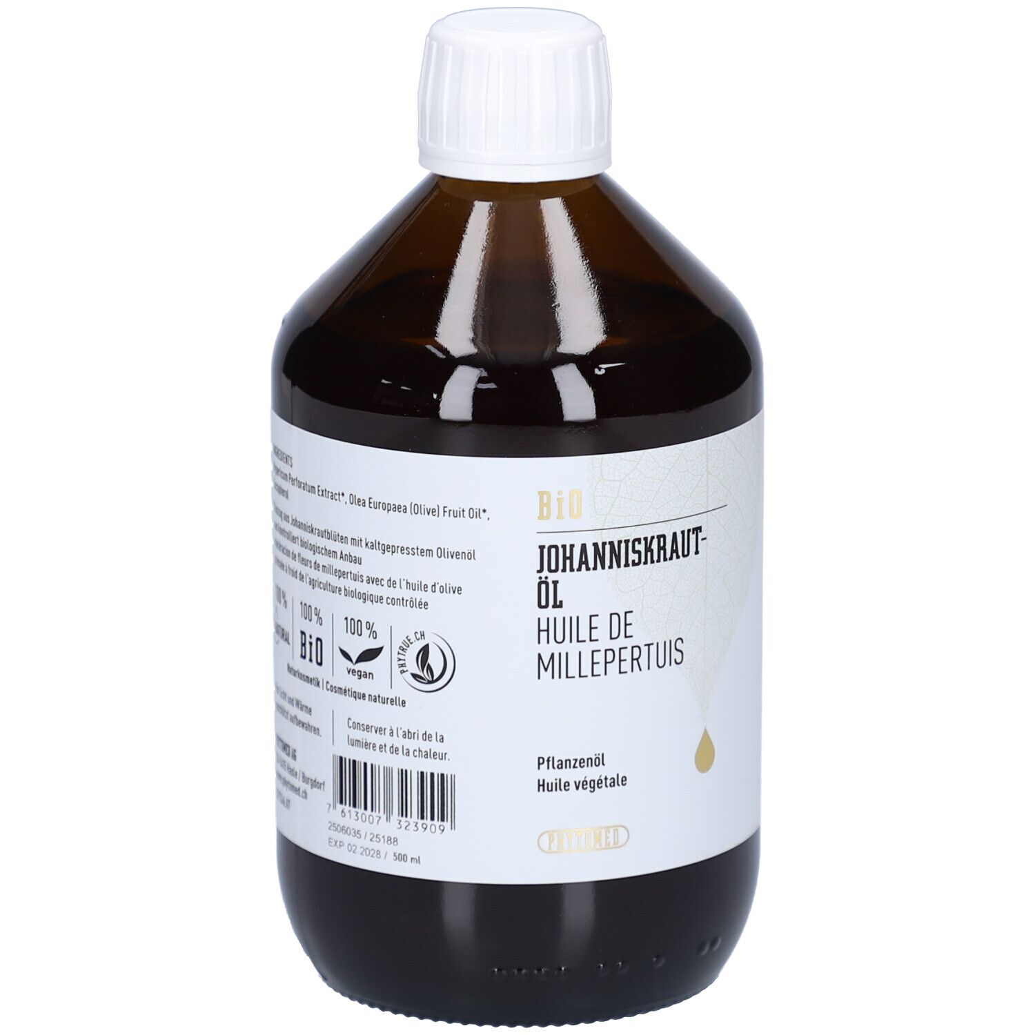 Braune Glasflasche mit weißem Deckel. Etikett mit Produktnamen, BIO-Siegel und Text. Tropfen-Illustration.