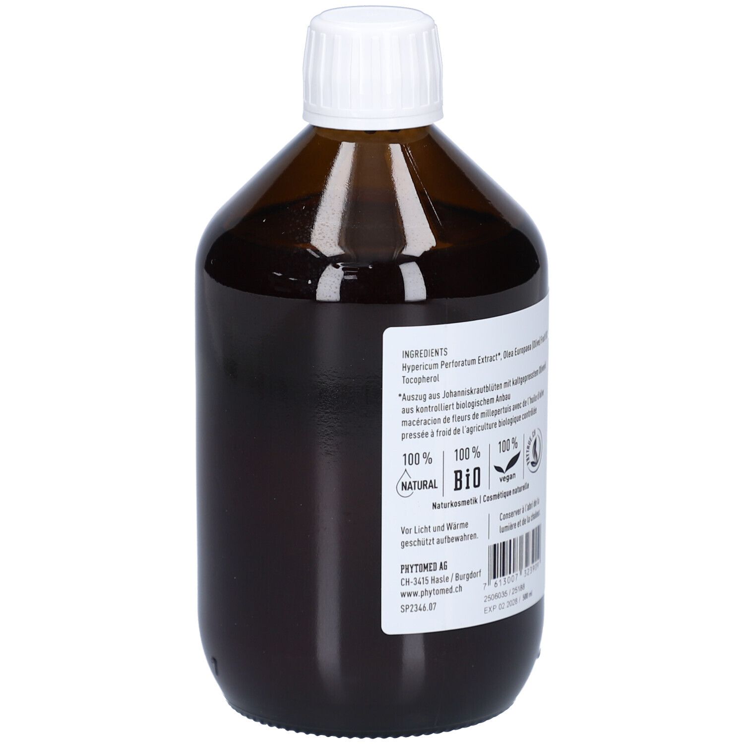 Braune Glasflasche mit weißem Deckel. Rückseite mit Etikett. Text über Inhaltsstoffe, BIO-Siegel und Herstellerinformationen.