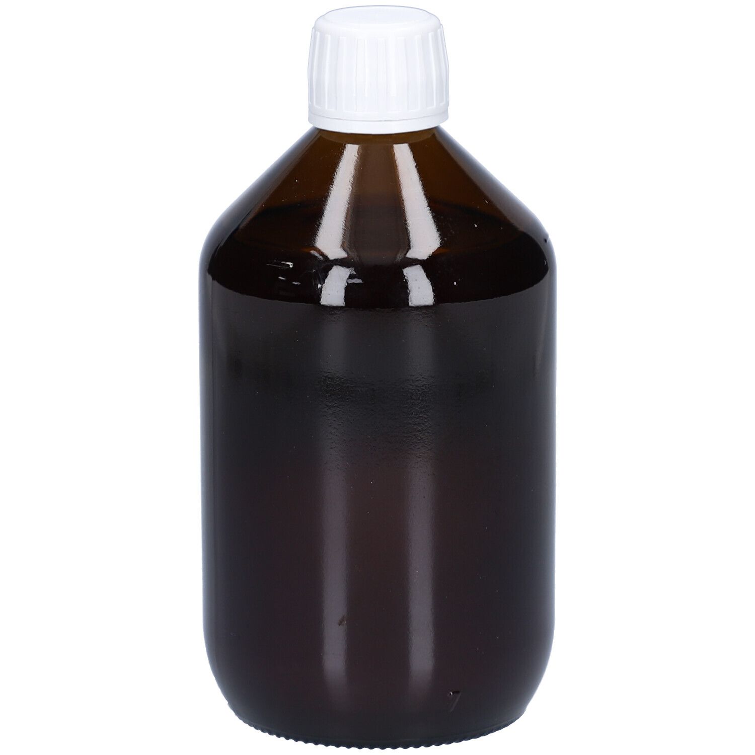 Braune Glasflasche mit weißem Deckel. Zylindrische Form. Keine Etiketten sichtbar.