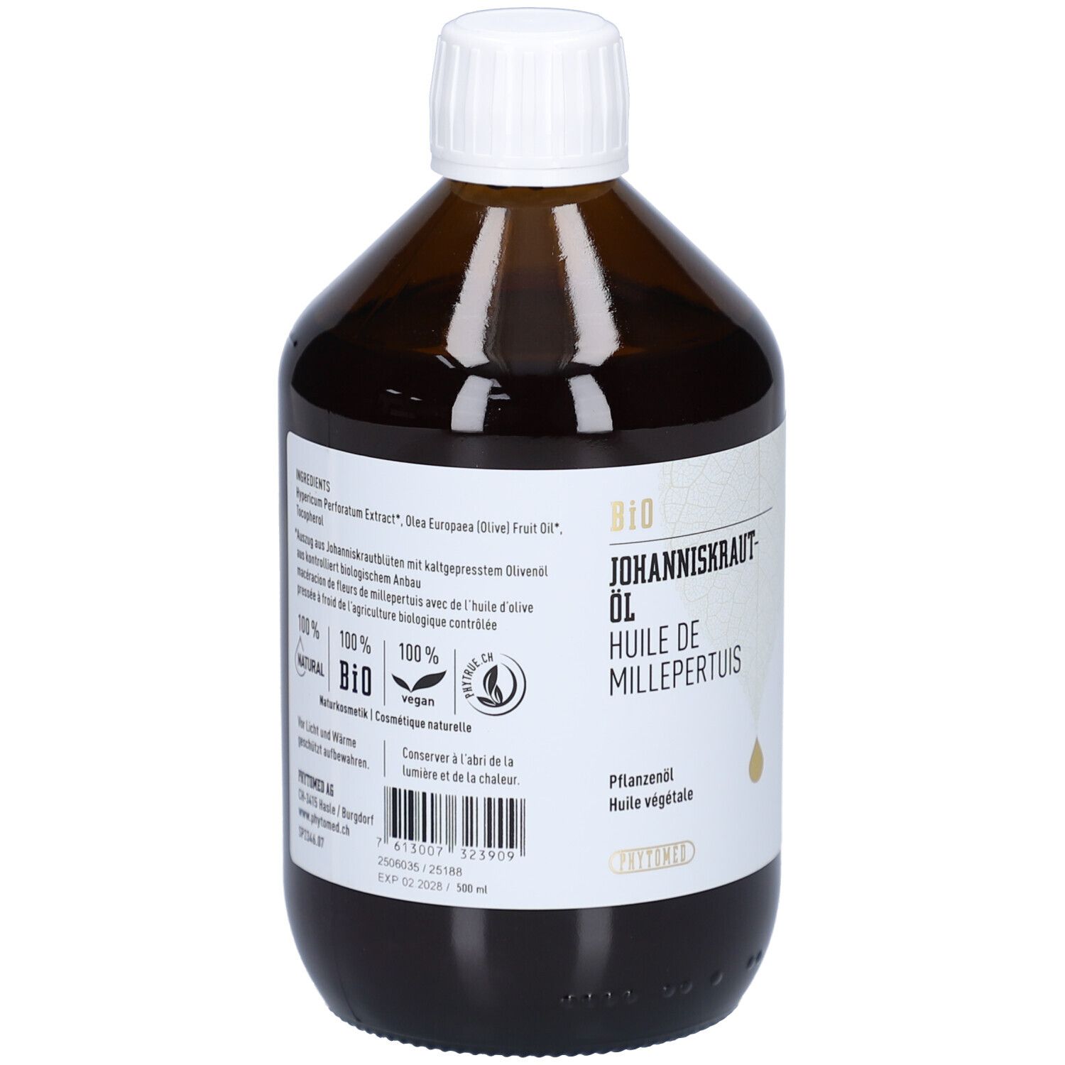 Braune Glasflasche mit weißem Deckel. Etikett mit Produktnamen, BIO-Siegel und Text. Tropfen-Illustration.