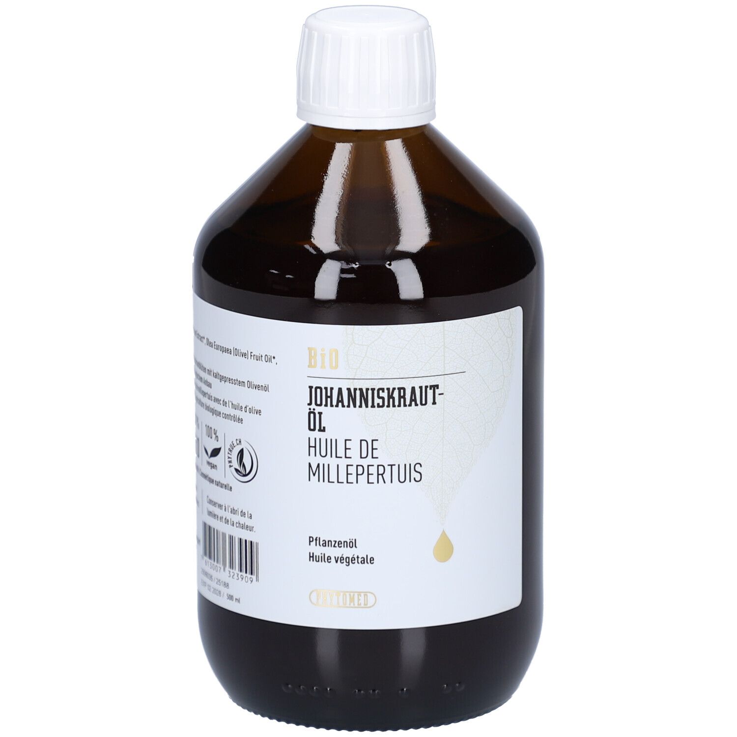 Braune Glasflasche mit weißem Deckel. Etikett mit Produktnamen, BIO-Siegel und Text. Tropfen-Illustration.