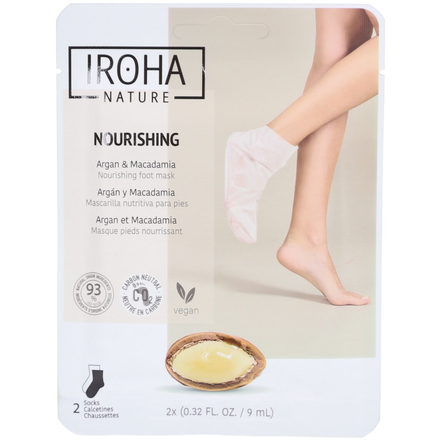 Emballage de masque pour les pieds. Texte: IROHA Nature, Nourishing, Argan & Macadamia. Vegan. 2 chaussettes.