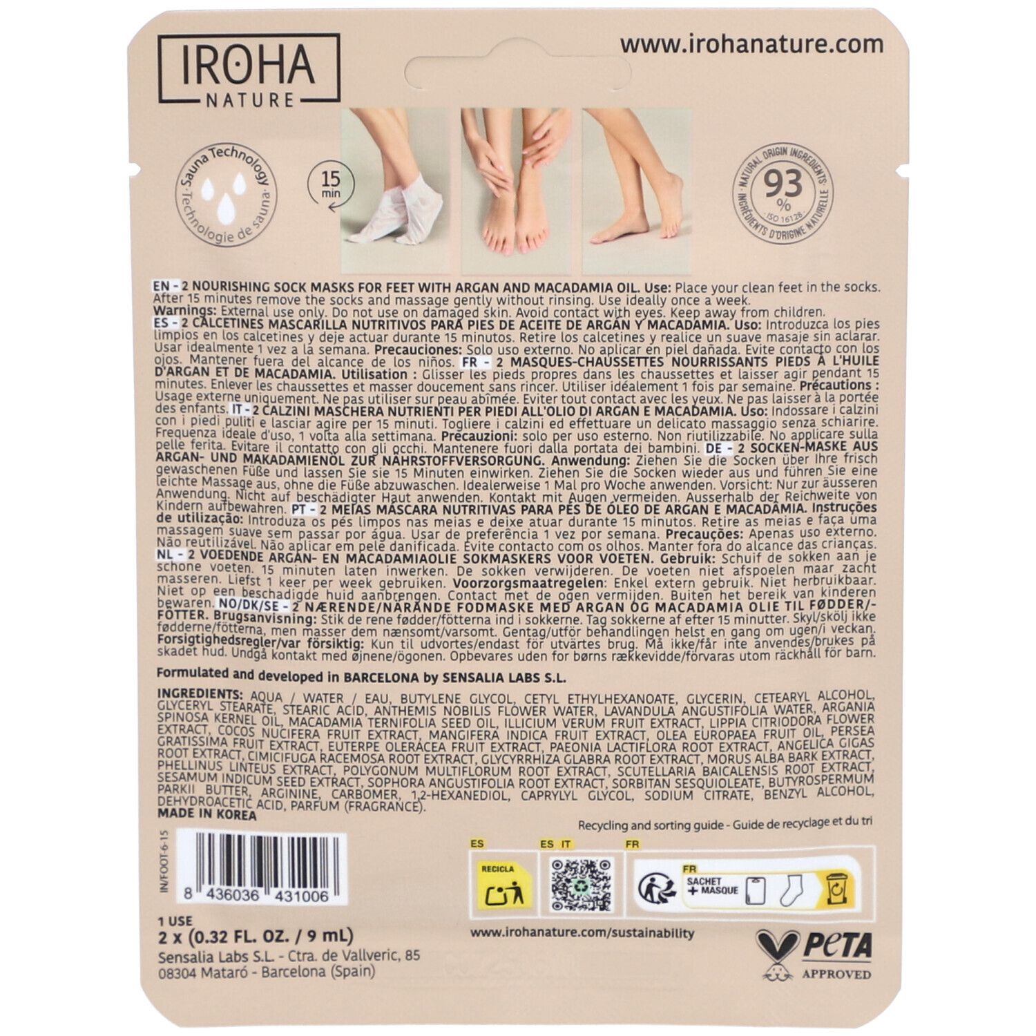 Dos de l'emballage. Texte: IROHA Nature, 2 Nourishing Sock Masks. Ingrédients. Label PETA. Instructions de recyclage.
