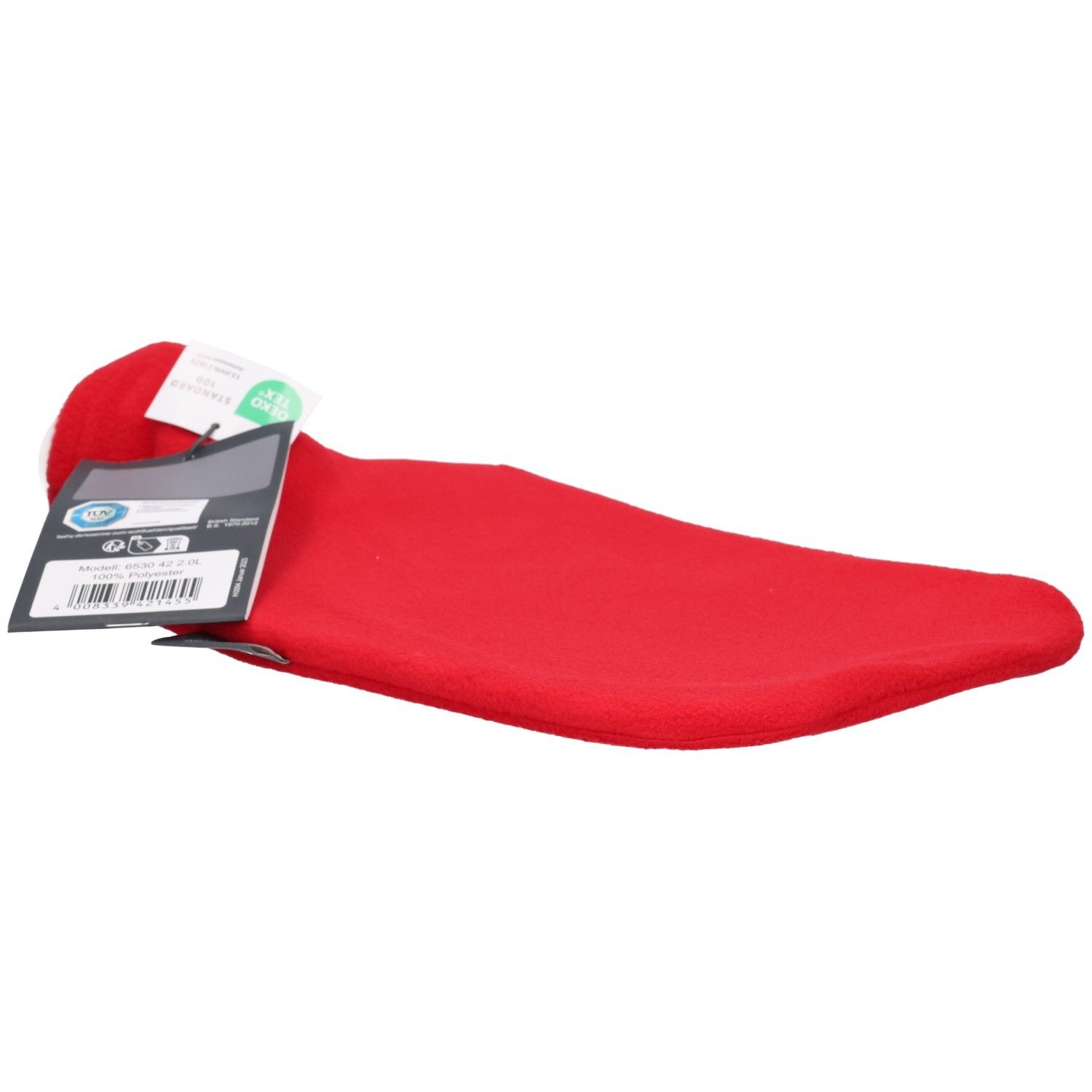 Rote Fashy Wärmflasche mit weichem Fleecebezug, Etiketten und Produktinformationen.