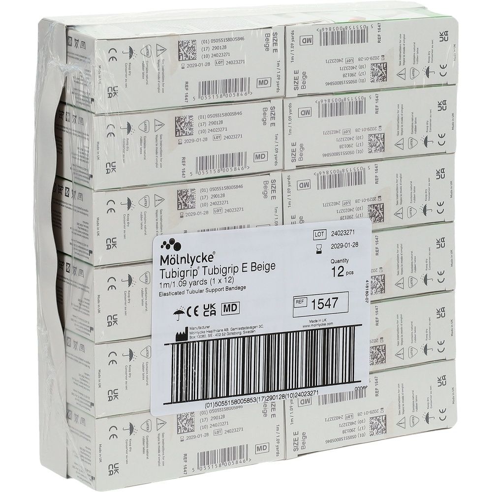 Verpackung von M
Tubigrip E Beige Bandagen. 12 Stück. Mit CE-Kennzeichnung und MD-Symbol.