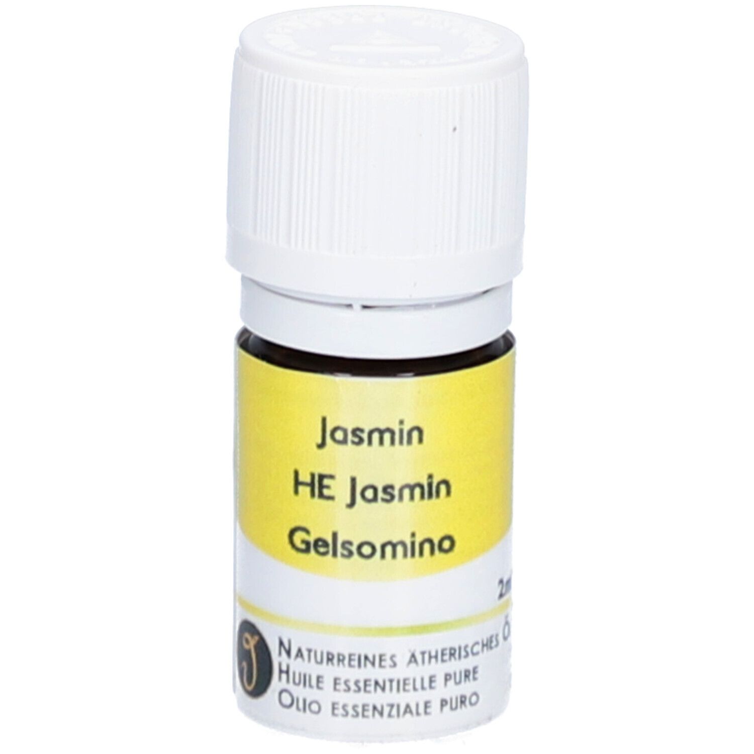 Braune Glasflasche mit weißem Deckel. Gelbes Etikett mit Text: Jasmin, HE Jasmin, Gelsomino. Naturreines ätherisches Öl.