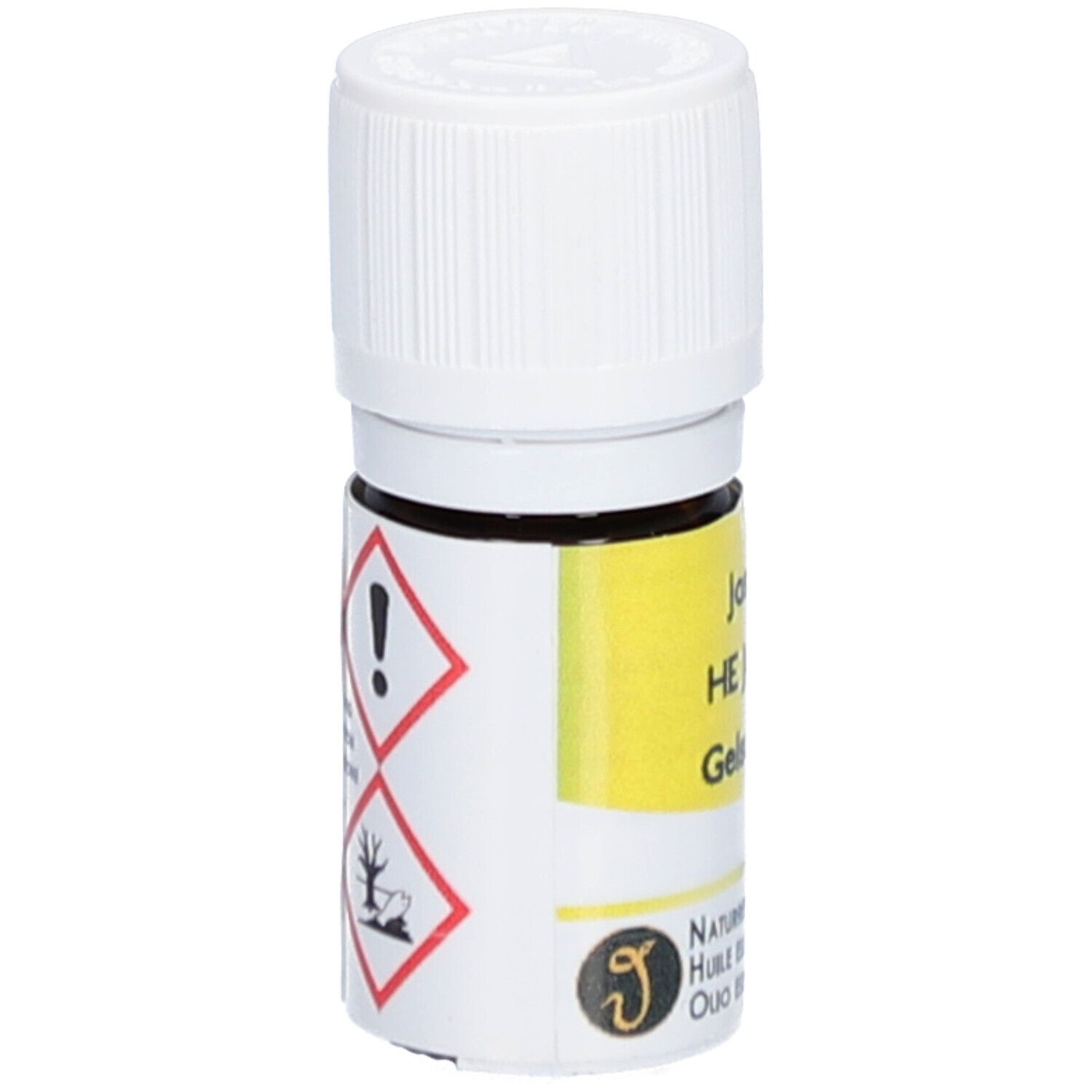 Braune Glasflasche mit weißem Deckel. Gelbes Etikett mit Text. Gefahrensymbole: Ausrufezeichen und Baum/Umwelt.