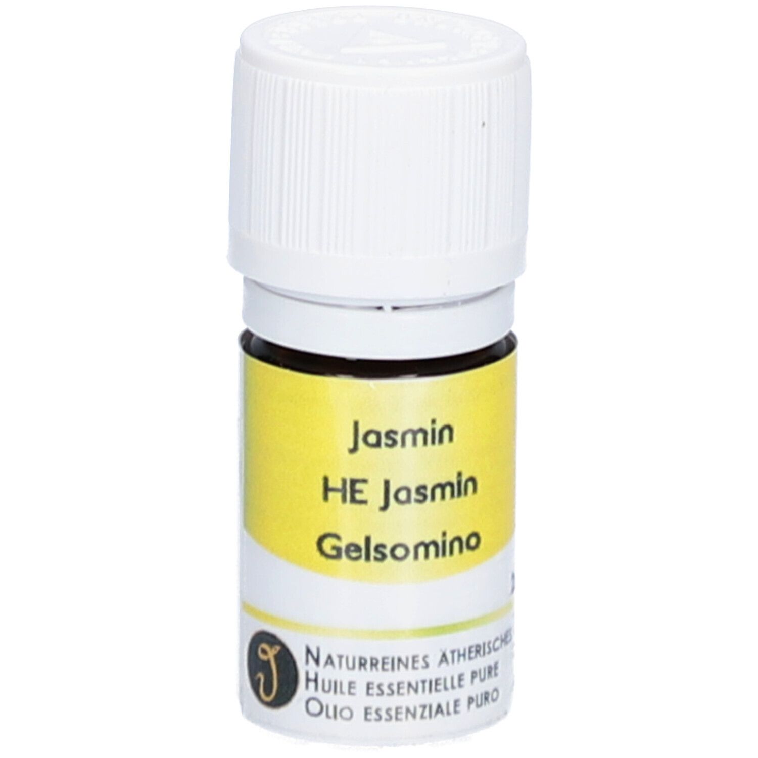 Braune Glasflasche mit weißem Deckel. Gelbes Etikett mit Text: Jasmin, HE Jasmin, Gelsomino. Naturreines ätherisches Öl.