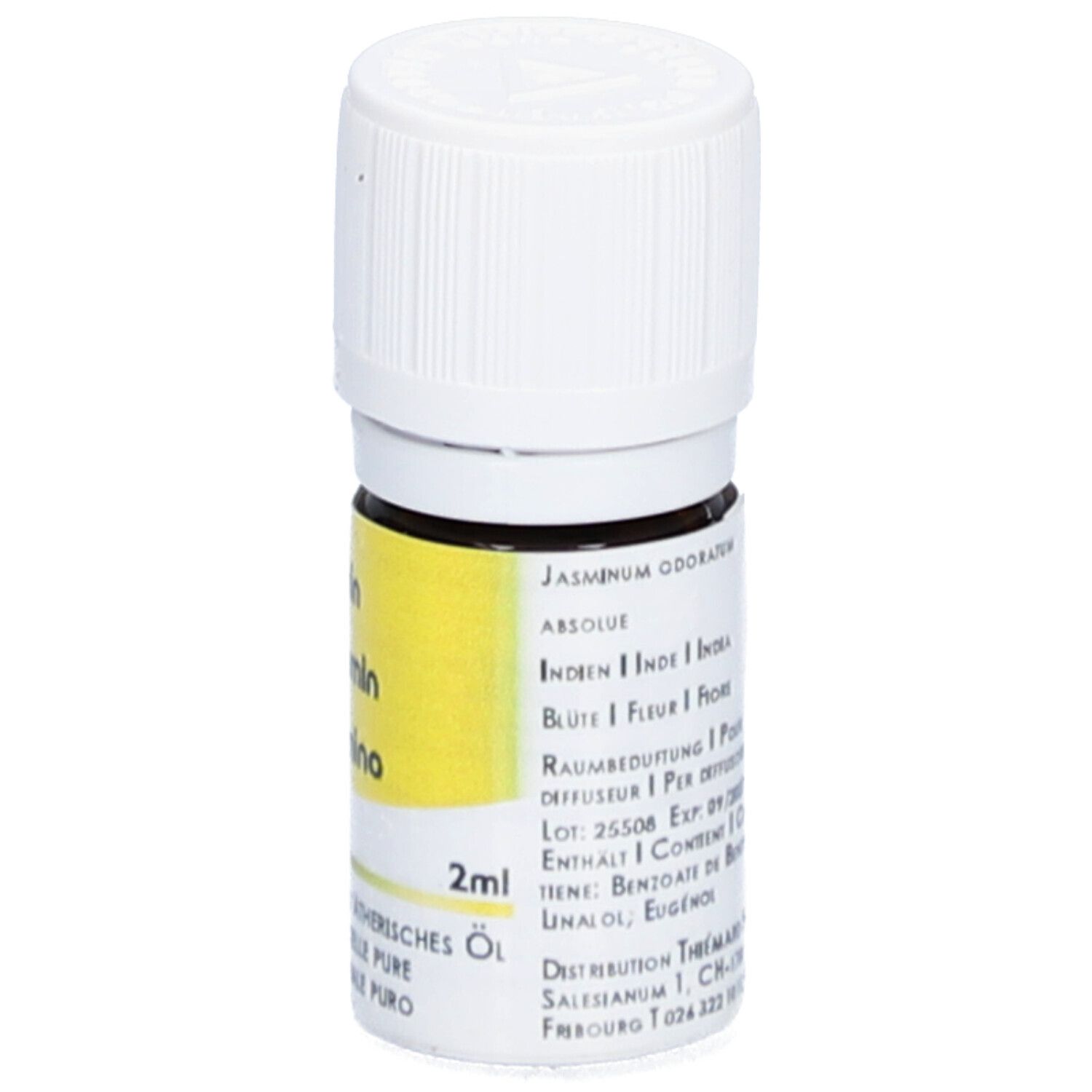 Braune Glasflasche mit weißem Deckel. Gelbes Etikett mit Text: Jasmin, HE Jasmin, Gelsomino. 2ml. Herstellerinformationen.