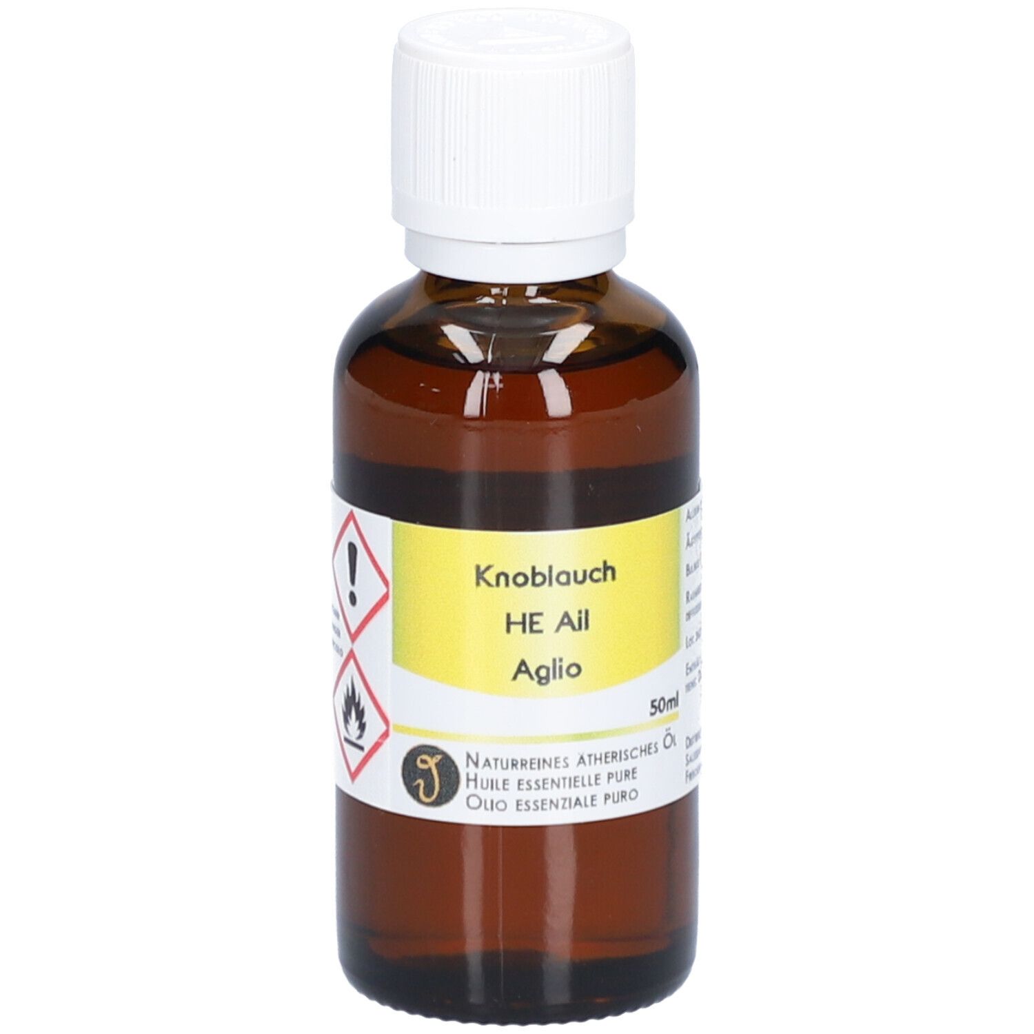 Flacon en verre brun avec bouchon blanc. Étiquette avec nom du produit et symboles d'avertissement.