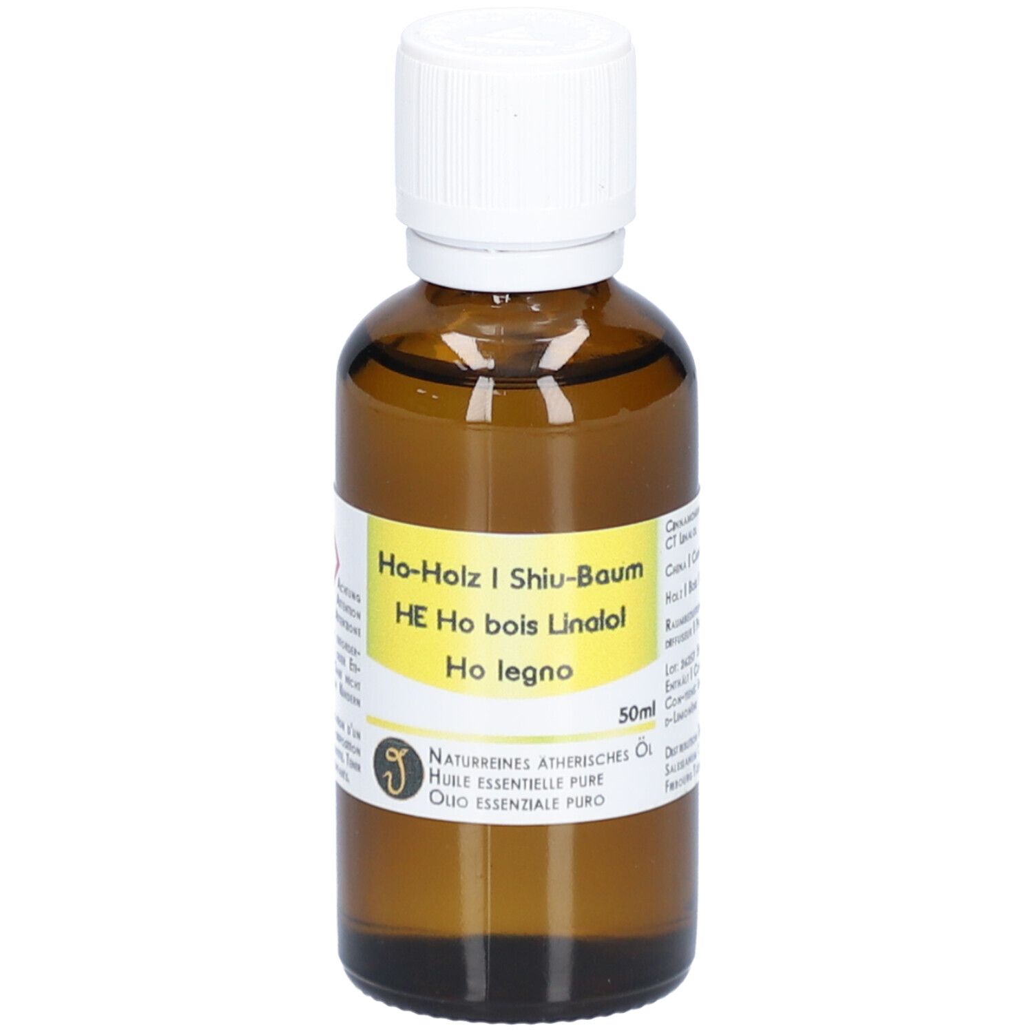 Braune Glasflasche mit weißem Deckel. Etikett mit Produktbezeichnung und Inhaltsangaben. 50ml.