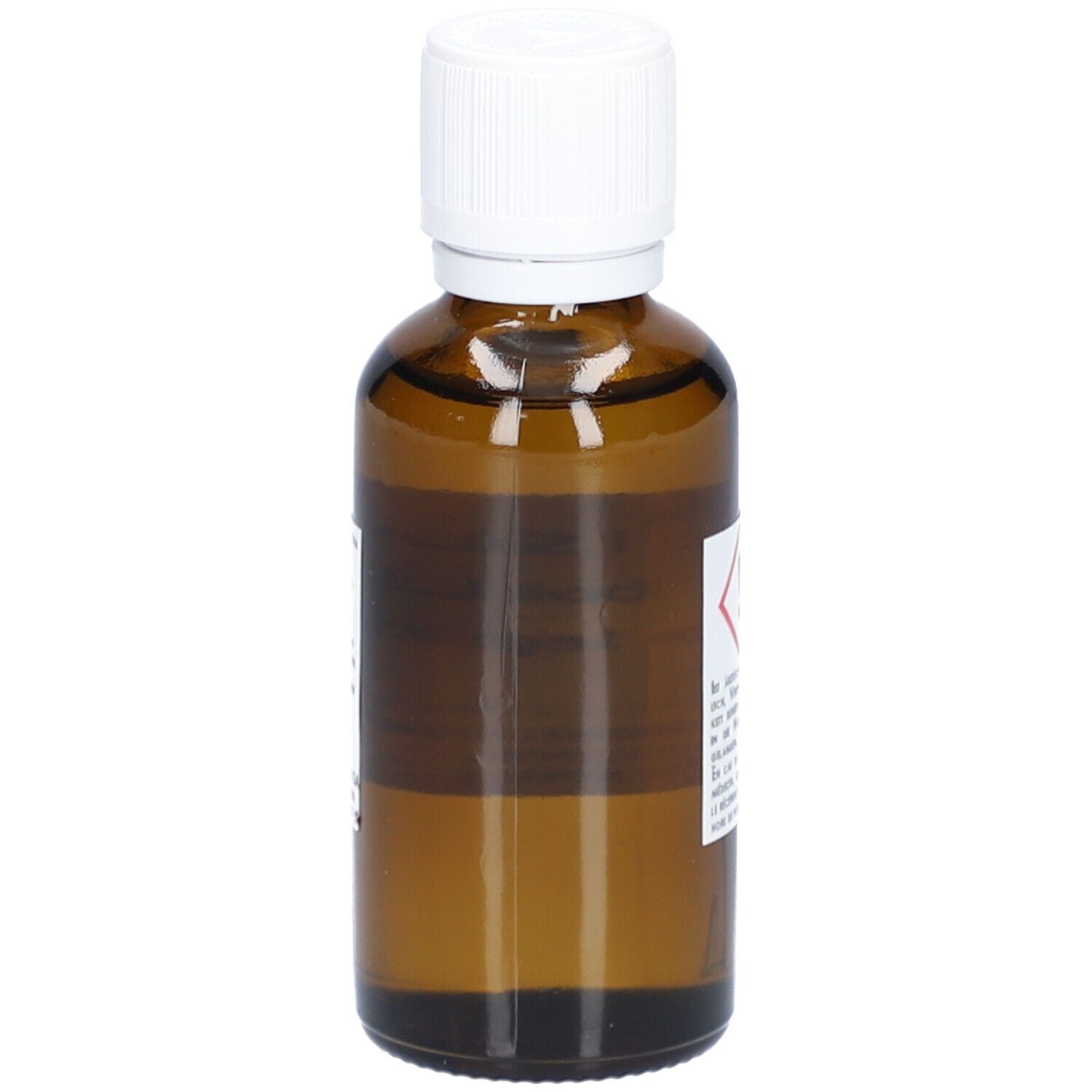 Braune Glasflasche mit weißem Deckel. Etikett mit Warnsymbol. 50ml.