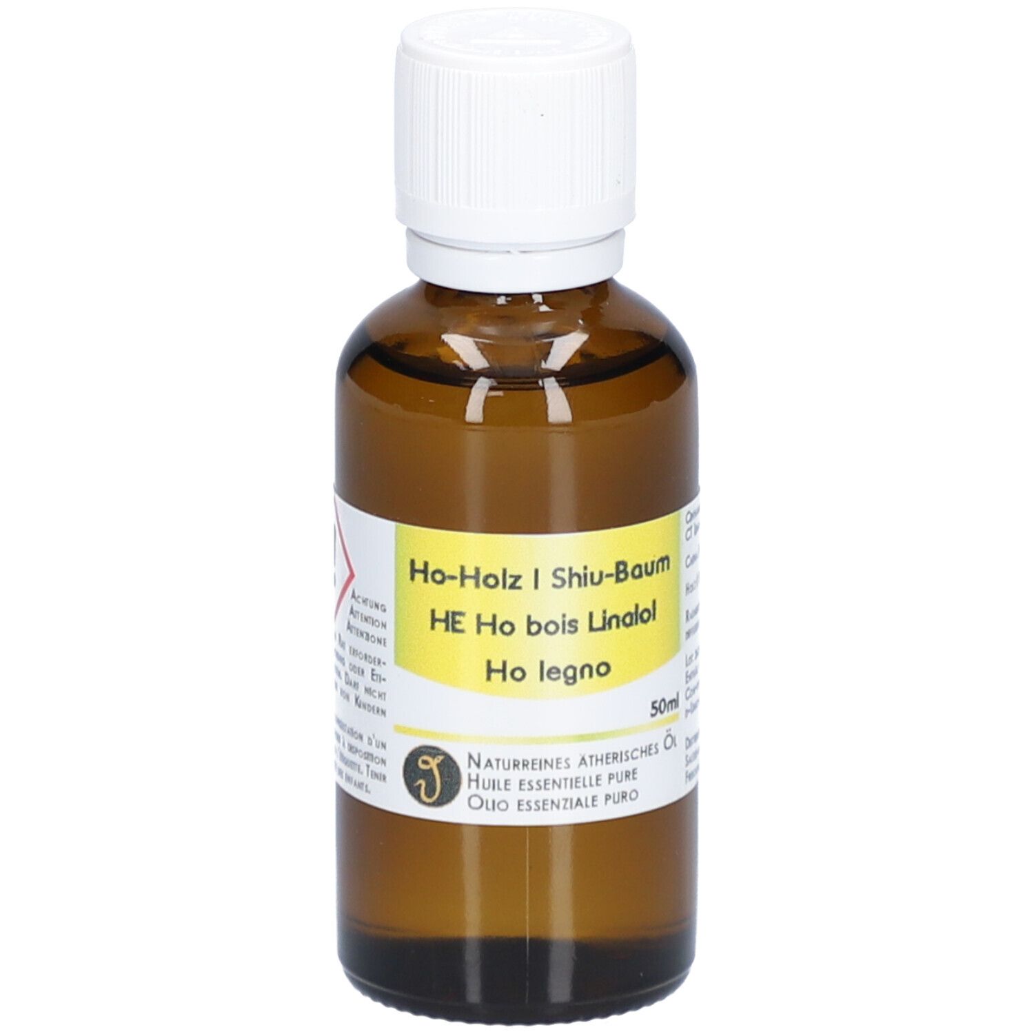 Braune Glasflasche mit weißem Deckel. Etikett mit Produktbezeichnung und Warnsymbol. 50ml.