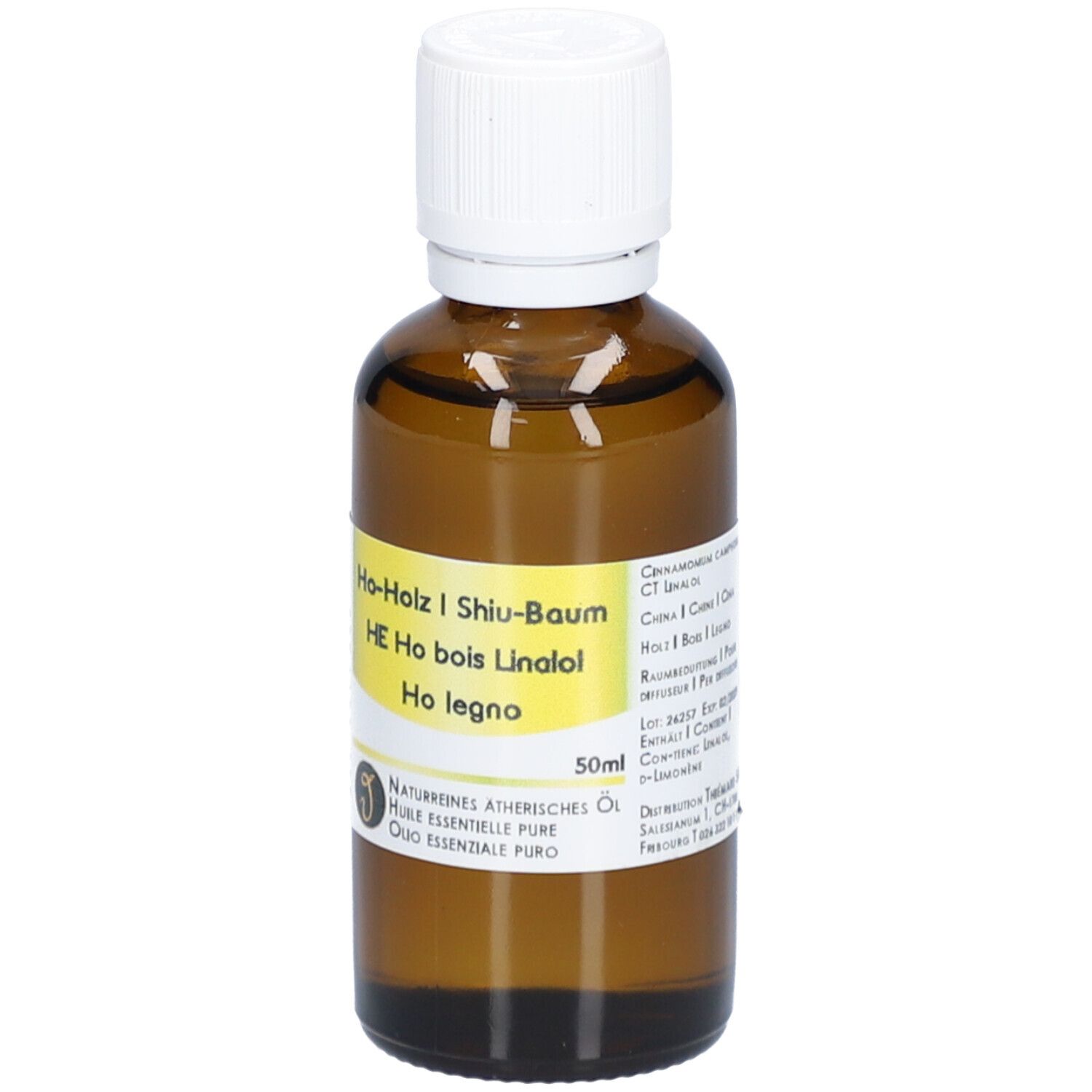 Braune Glasflasche mit weißem Deckel. Etikett mit Produktbezeichnung und Inhaltsangaben. 50ml.