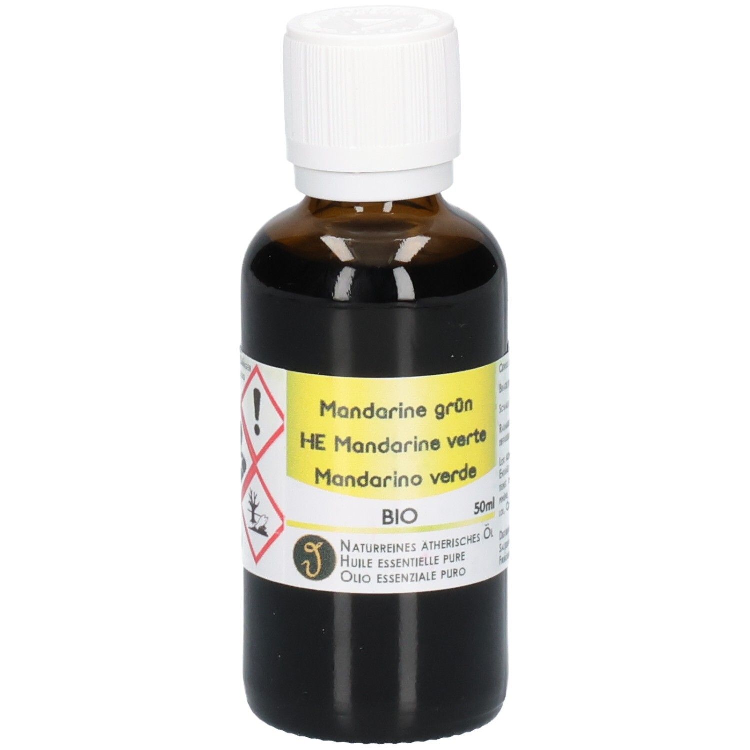 Braune Glasflasche mit weißem Schraubverschluss, 50ml. Enthält grünes Mandarinenöl, BIO. Naturreines ätherisches Öl.