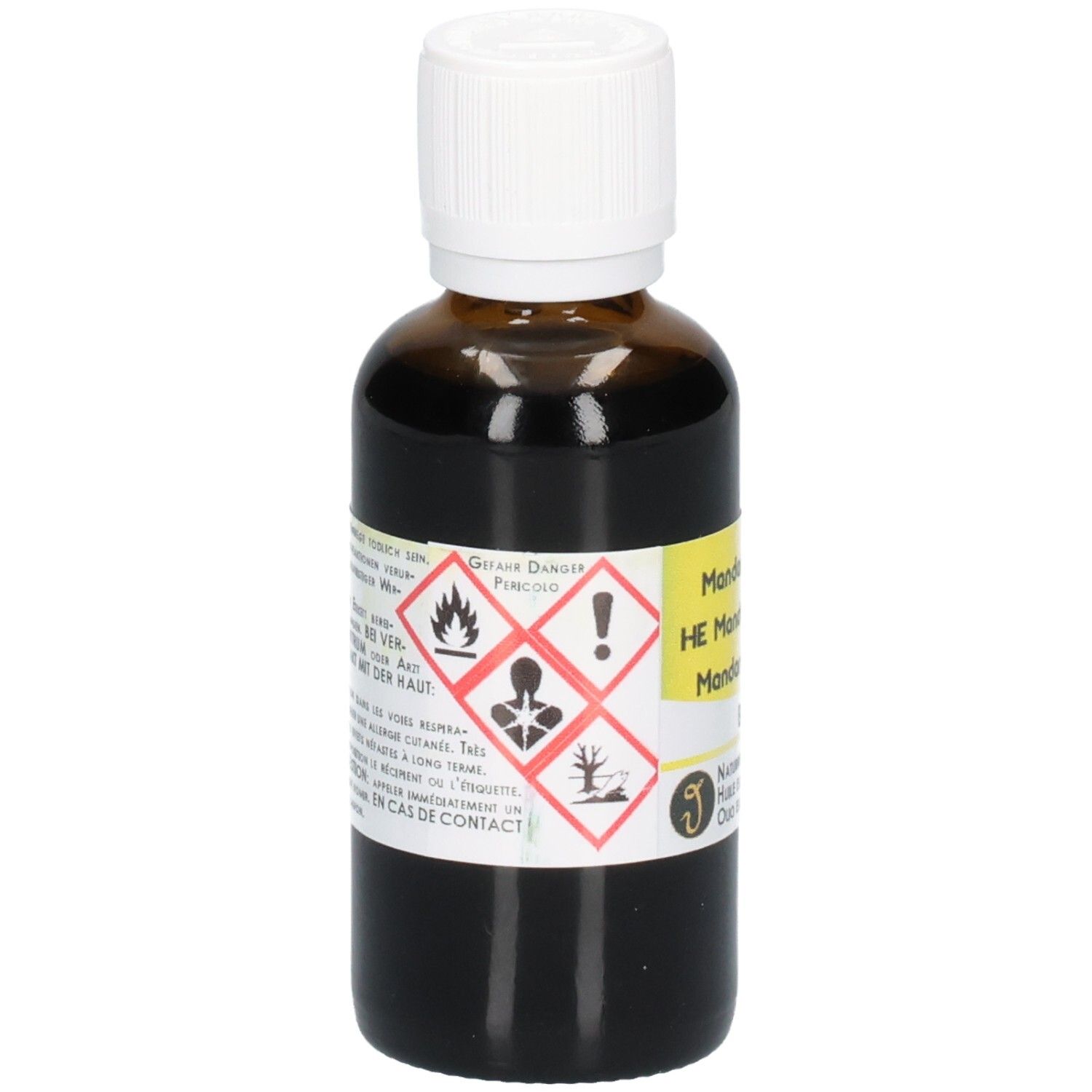 Braune Glasflasche mit weißem Schraubverschluss, gefüllt mit dunkler Flüssigkeit. Etikett mit Gefahrensymbolen und Text.