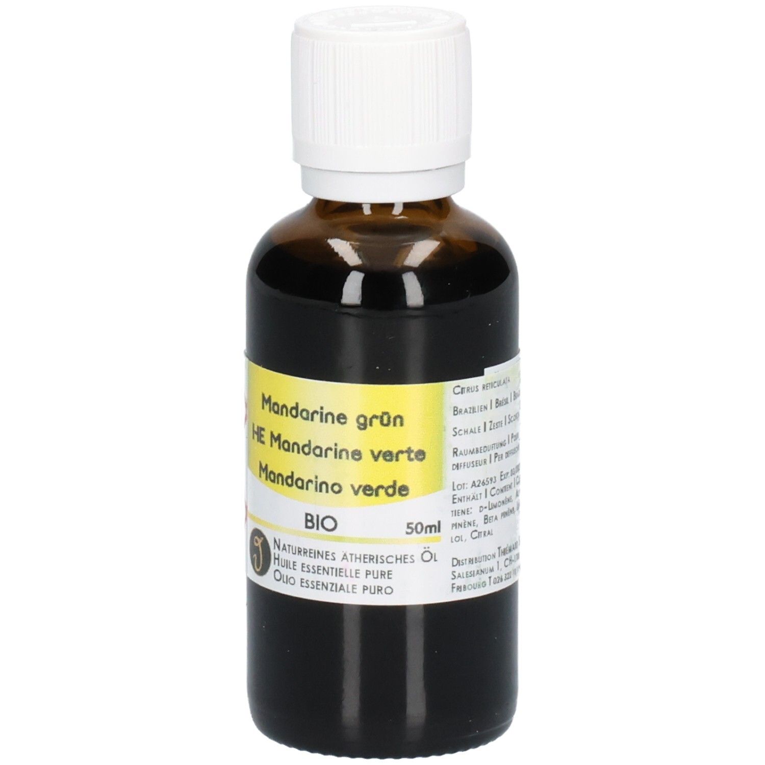 Braune Glasflasche mit weißem Schraubverschluss, gefüllt mit dunklem Öl. Gelbes Etikett mit Aufschrift 'Mandarine grün BIO'.