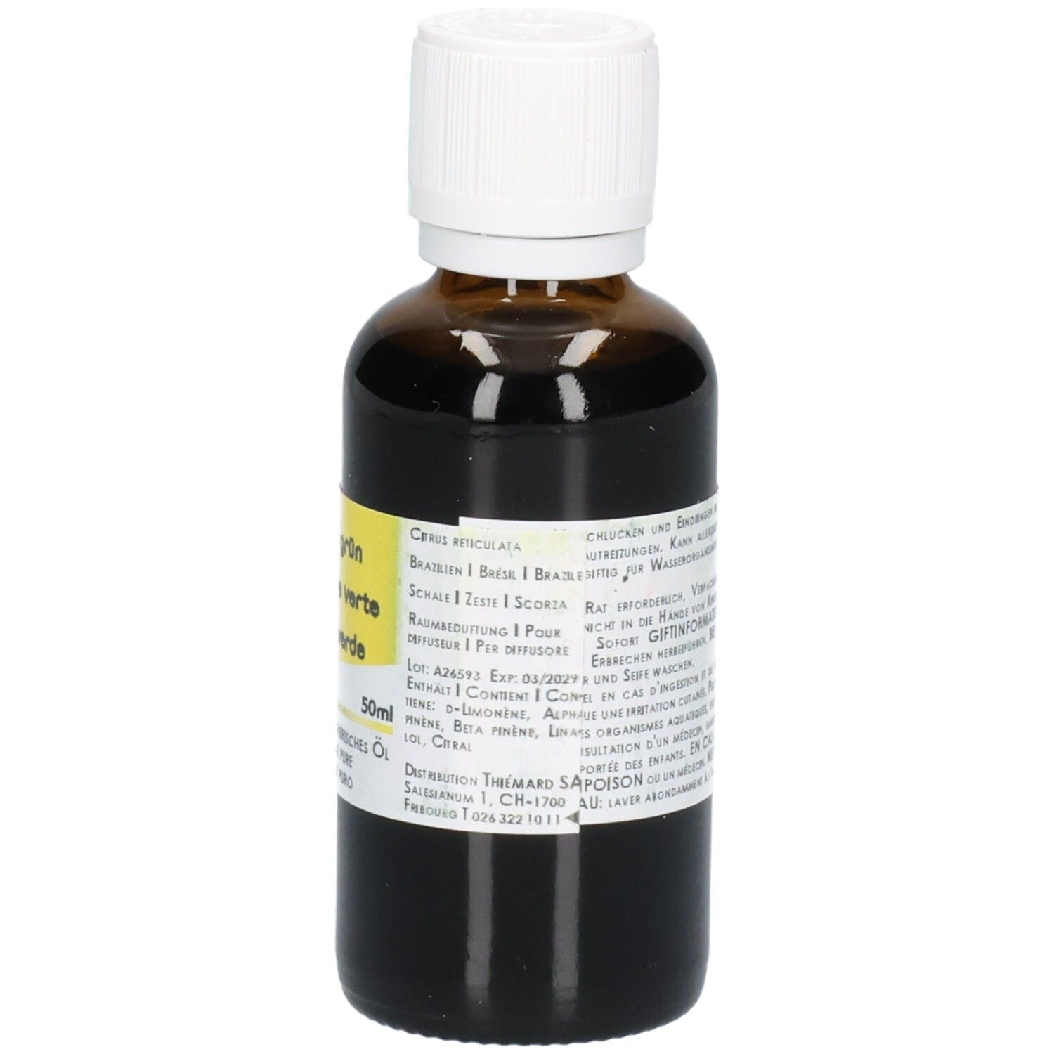 Braunglasflasche mit weißem Schraubverschluss, gefüllt mit dunkler Flüssigkeit. Gelbes Etikett mit schwarzer Schrift und 50ml Angabe.