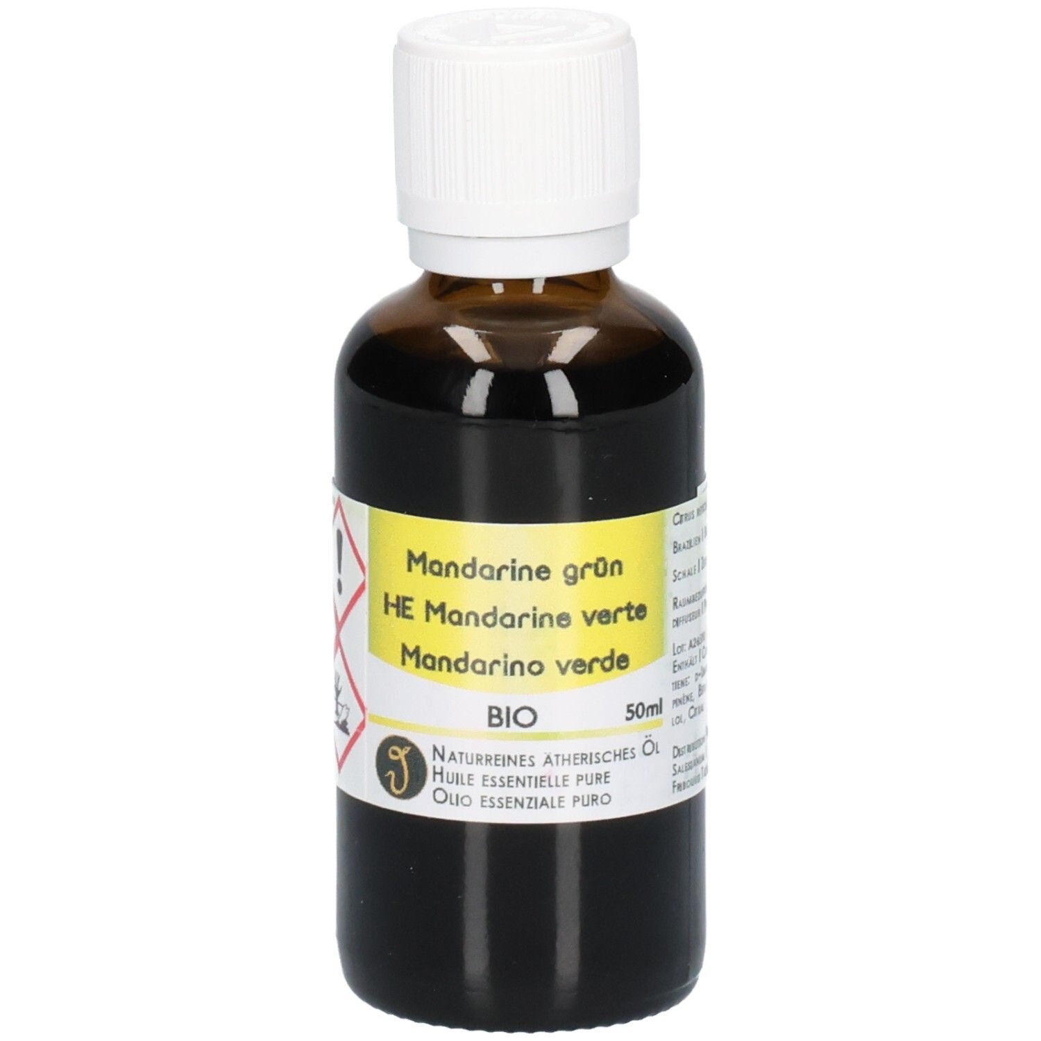 Braune Glasflasche mit weißem Verschluss, gefüllt mit grünem Mandarinenöl. Etikett mit BIO-Siegel und 50ml Angabe.