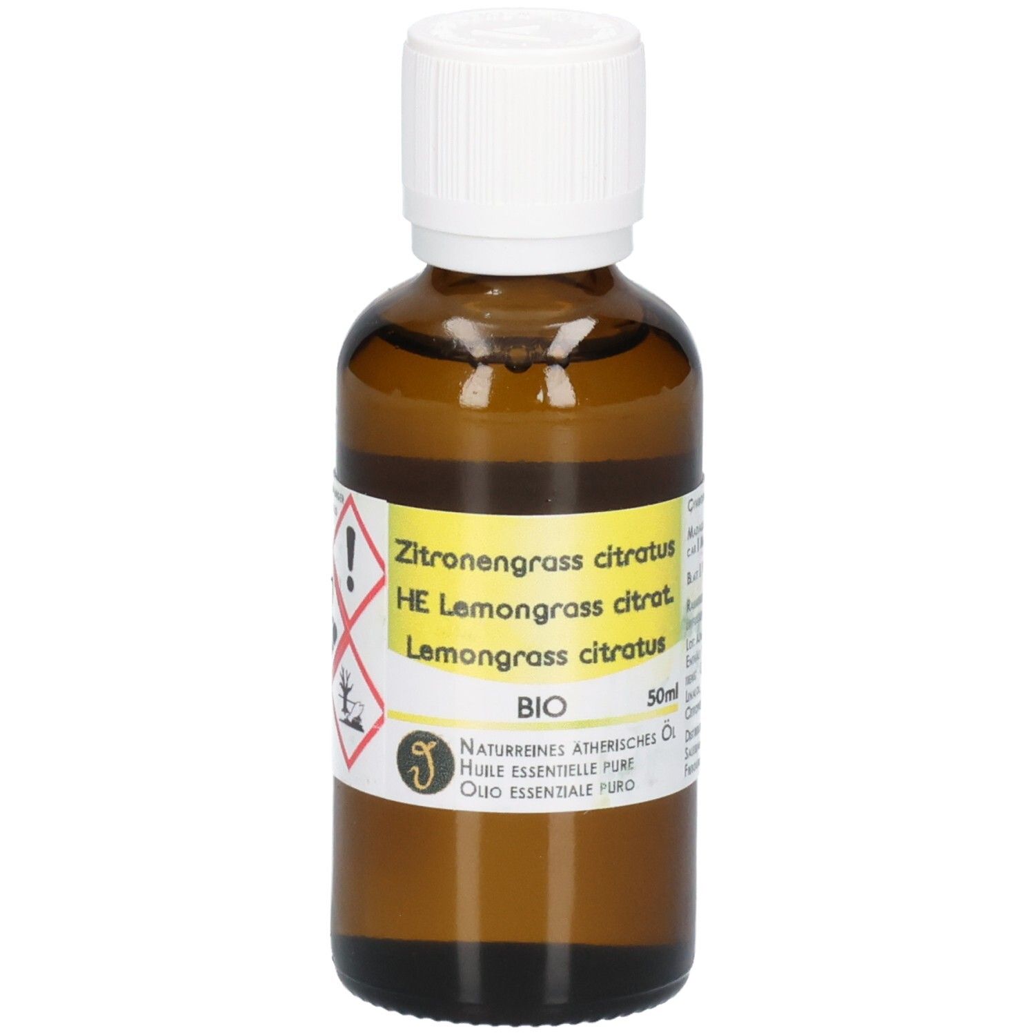 Braune Glasflasche mit weißem Schraubverschluss, gefüllt mit ätherischem Lemongrass-Öl. Etikett mit Warnsymbolen und Produktinformationen.