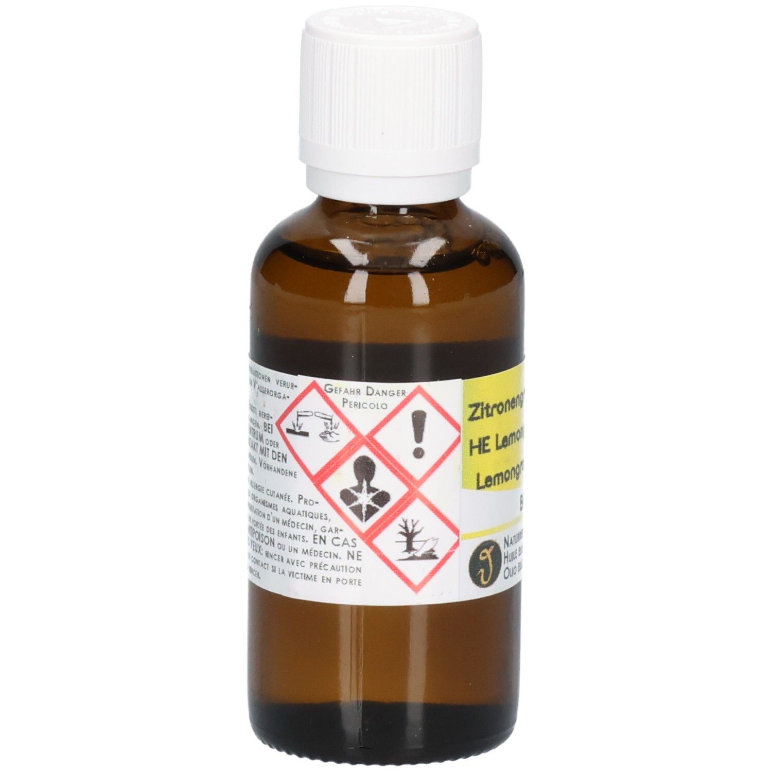 Braune Glasflasche mit weißem Schraubverschluss, gefüllt mit gelblicher Flüssigkeit. Gelbes Etikett mit Gefahrensymbolen und Text.