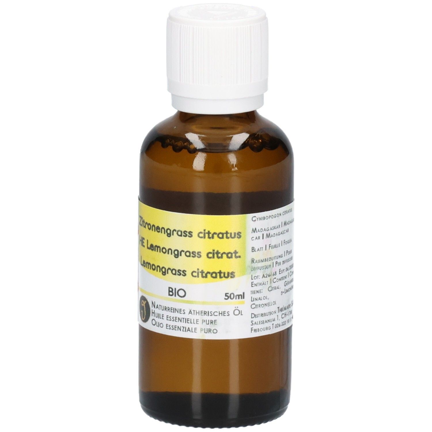 Braune Glasflasche mit weißem Schraubverschluss, gefüllt mit ätherischem Lemongrass-Öl. Gelbes Etikett mit BIO-Siegel und 50ml Angabe.