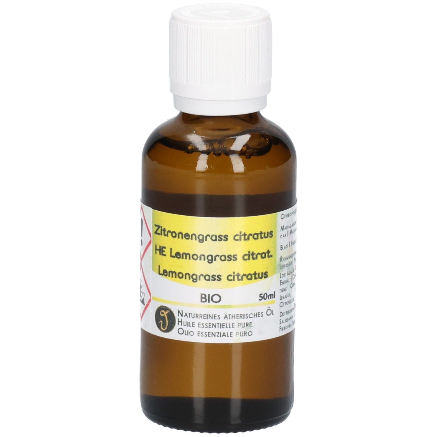 Braune Glasflasche mit weißem Schraubverschluss, gefüllt mit ätherischem Lemongrass-Öl. Etikett mit BIO-Siegel und 50ml Angabe.