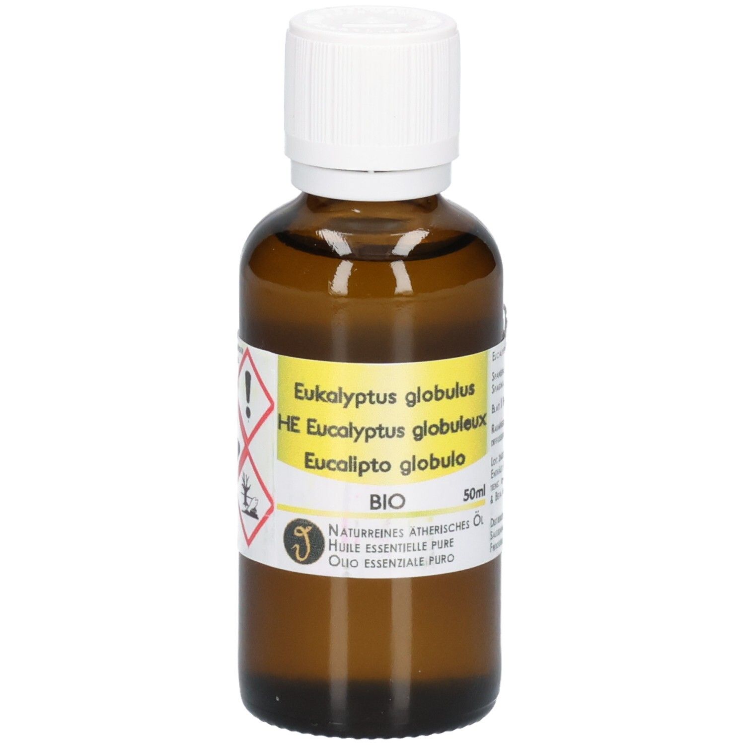 Braune Glasflasche mit weißem Schraubverschluss, gefüllt mit Eukalyptusöl. Etikett mit "Eukalyptus globulus BIO" und "50ml".