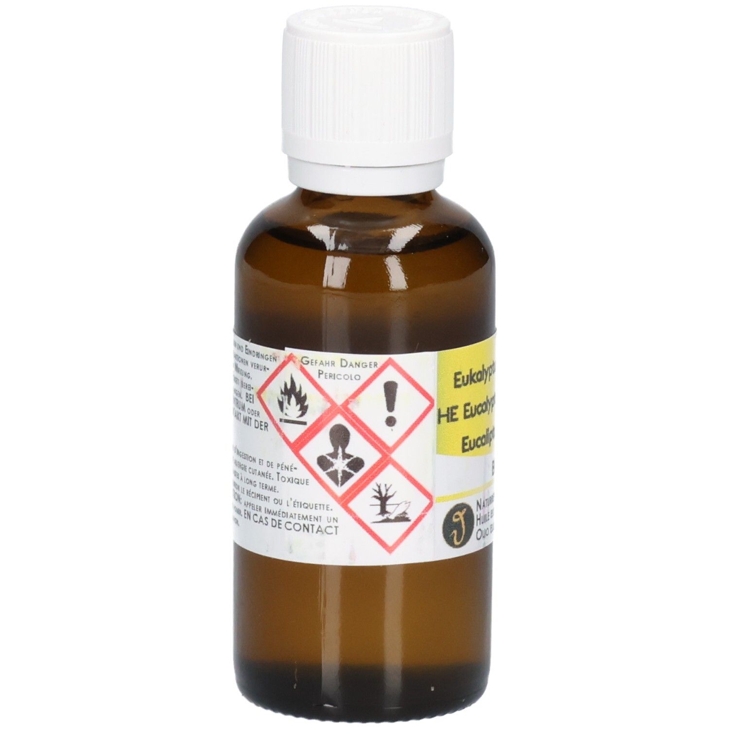 Braune Glasflasche mit weißem Schraubverschluss, gefüllt mit ätherischem Eukalyptusöl. Gelbes Etikett mit Gefahrensymbolen und Produktinformationen.