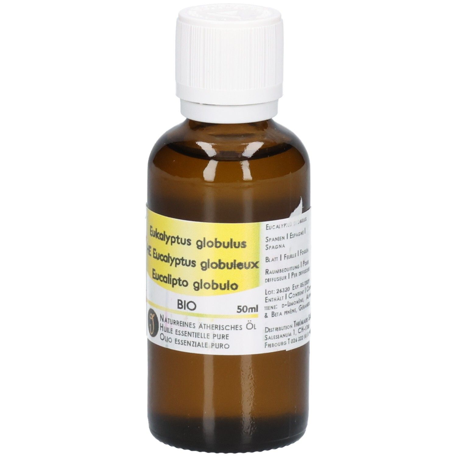 Braune Glasflasche mit weißem Verschluss, gefüllt mit 50ml Bio-Eukalyptusöl. Gelbes Etikett mit Produktinformationen.