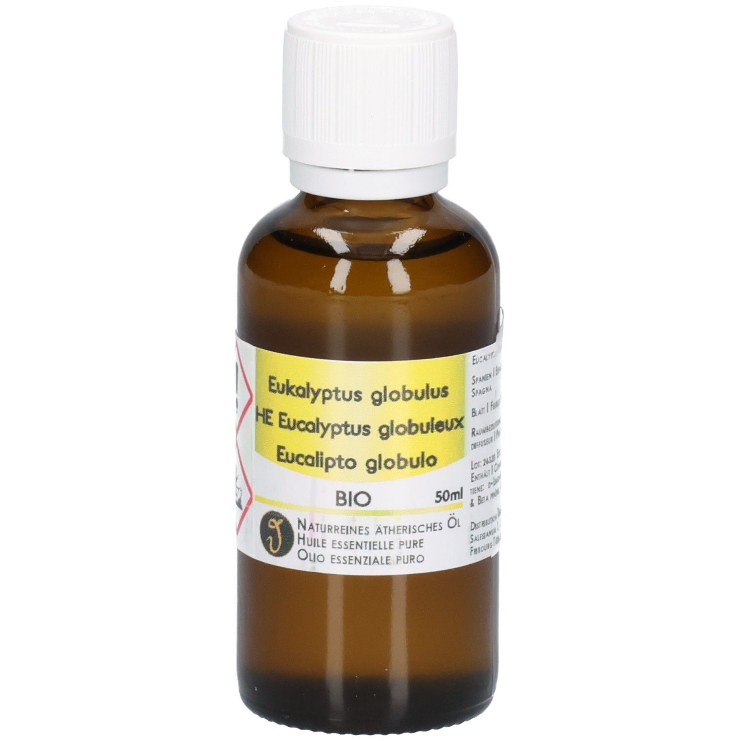 Braune Glasflasche mit weißem Schraubverschluss. Gelbes Etikett mit "Eucalyptus globulus BIO 50ml".