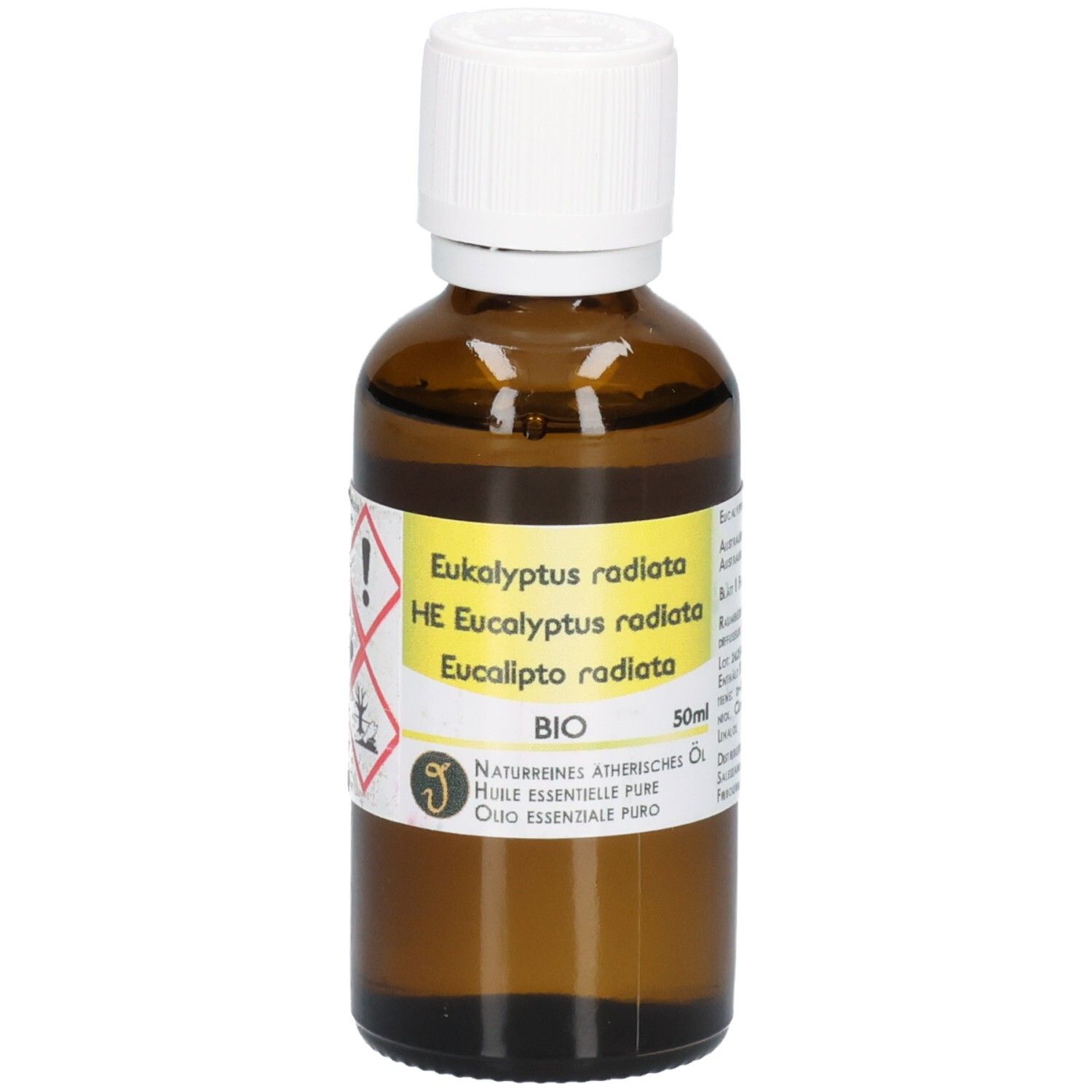 Braune Glasflasche mit weißem Schraubverschluss, gefüllt mit ätherischem Bio-Eukalyptusöl. Etikett mit Warnsymbolen und Produktinformationen.