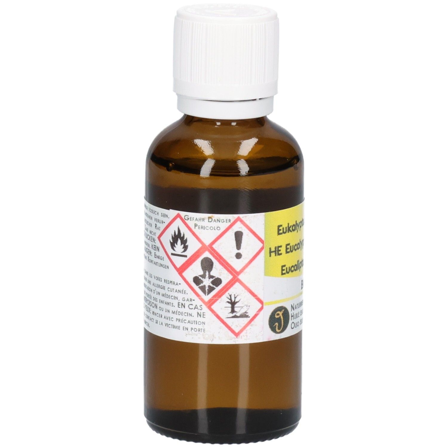 Braune Glasflasche mit weißem Schraubverschluss, gefüllt mit ätherischem Eukalyptusöl. Enthält Gefahrensymbole.