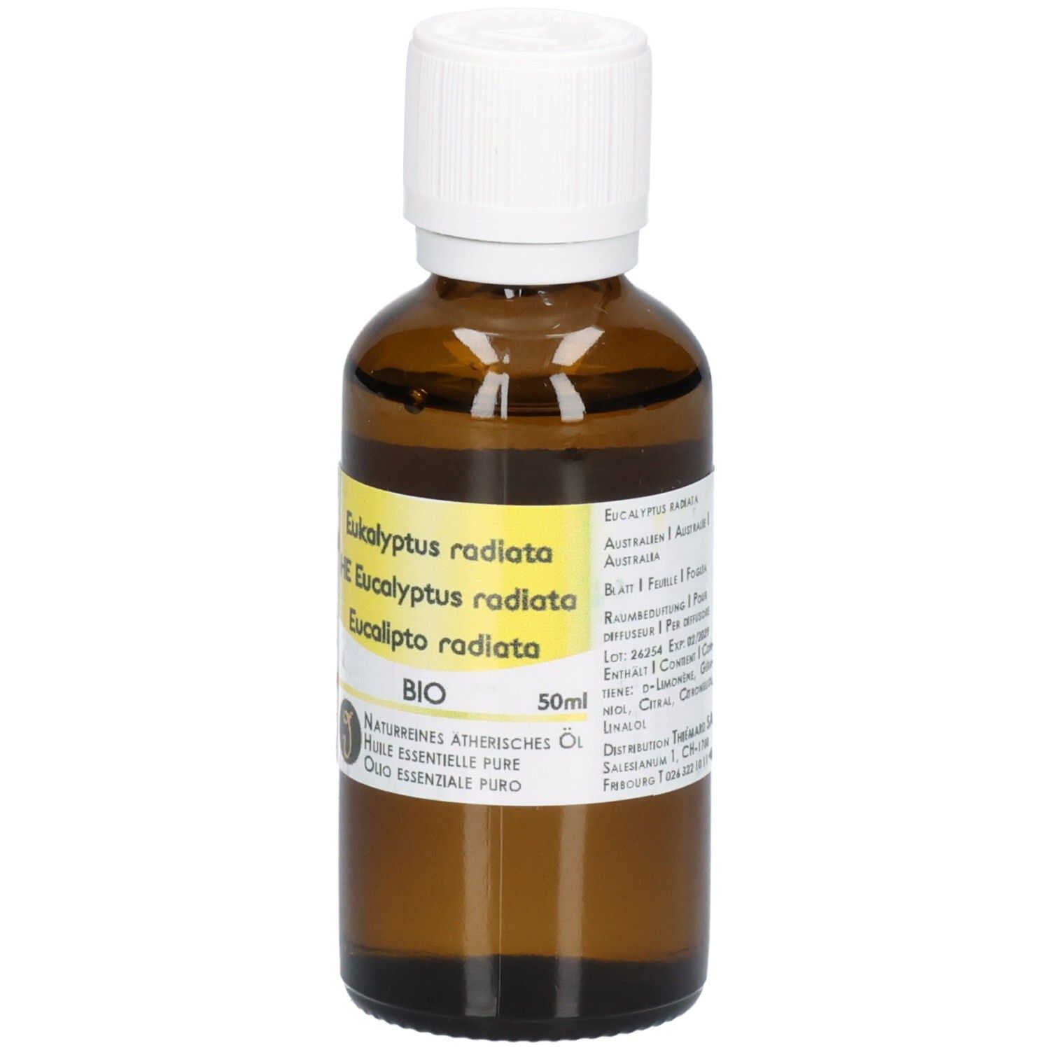 Braune Glasflasche mit weißem Schraubverschluss, gefüllt mit 50ml Bio-Eukalyptusöl radiata.
