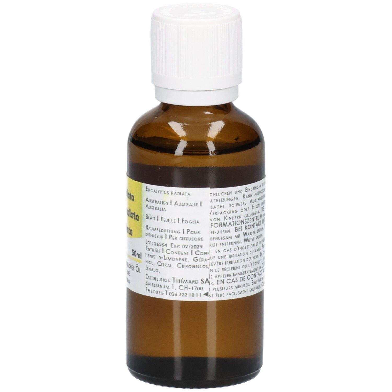 Braune Glasflasche mit weißem Schraubverschluss, 50ml, mit Etikett.