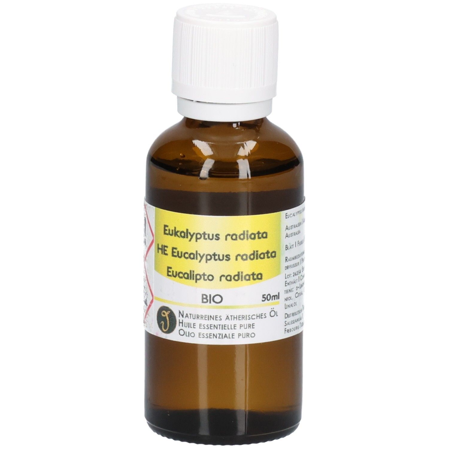 Braune Glasflasche mit weißem Schraubverschluss, gefüllt mit 50ml Eucalyptus radiata BIO ätherischem Öl.