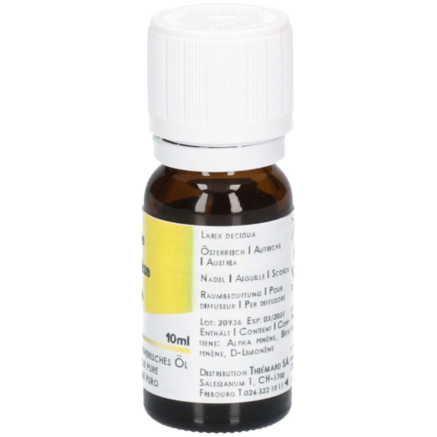 Braune Glasflasche mit weißem Schraubverschluss, 10ml Lärche (Larix decidua) ätherisches Öl aus Österreich.