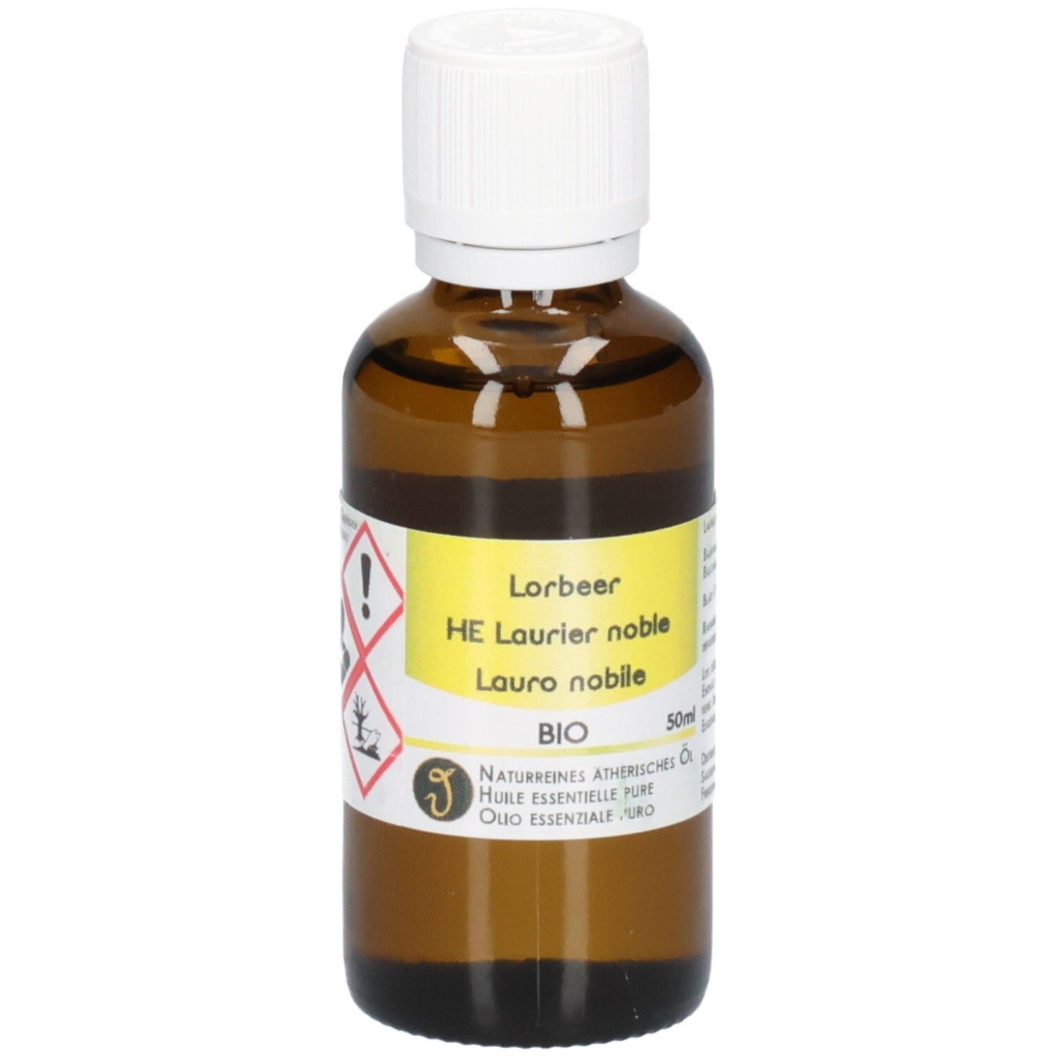 Braune Glasflasche mit weißem Schraubverschluss, gefüllt mit Lorbeeröl. Gelbes Etikett mit Produktinformationen und Warnsymbolen.