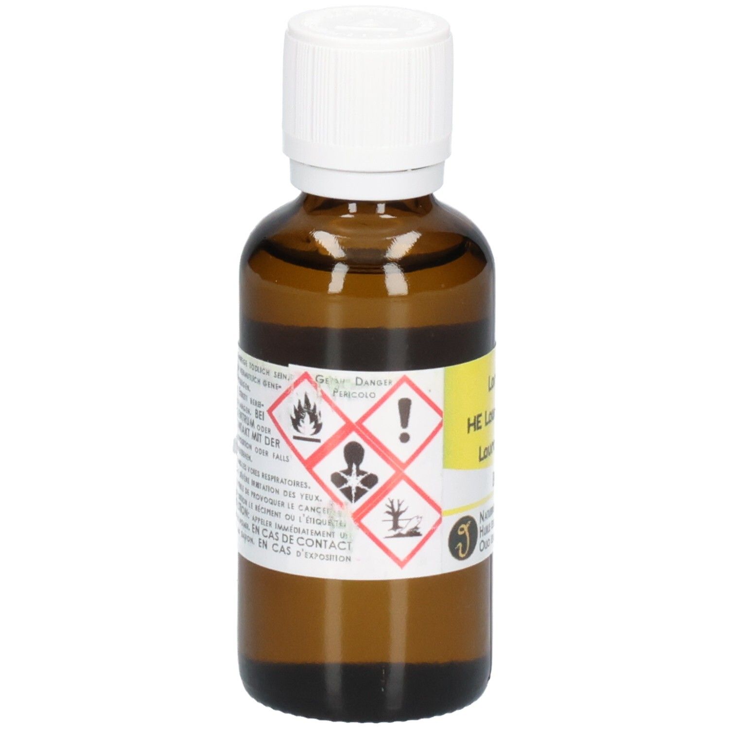 Braune Glasflasche mit weißem Schraubverschluss und Warnsymbolen.