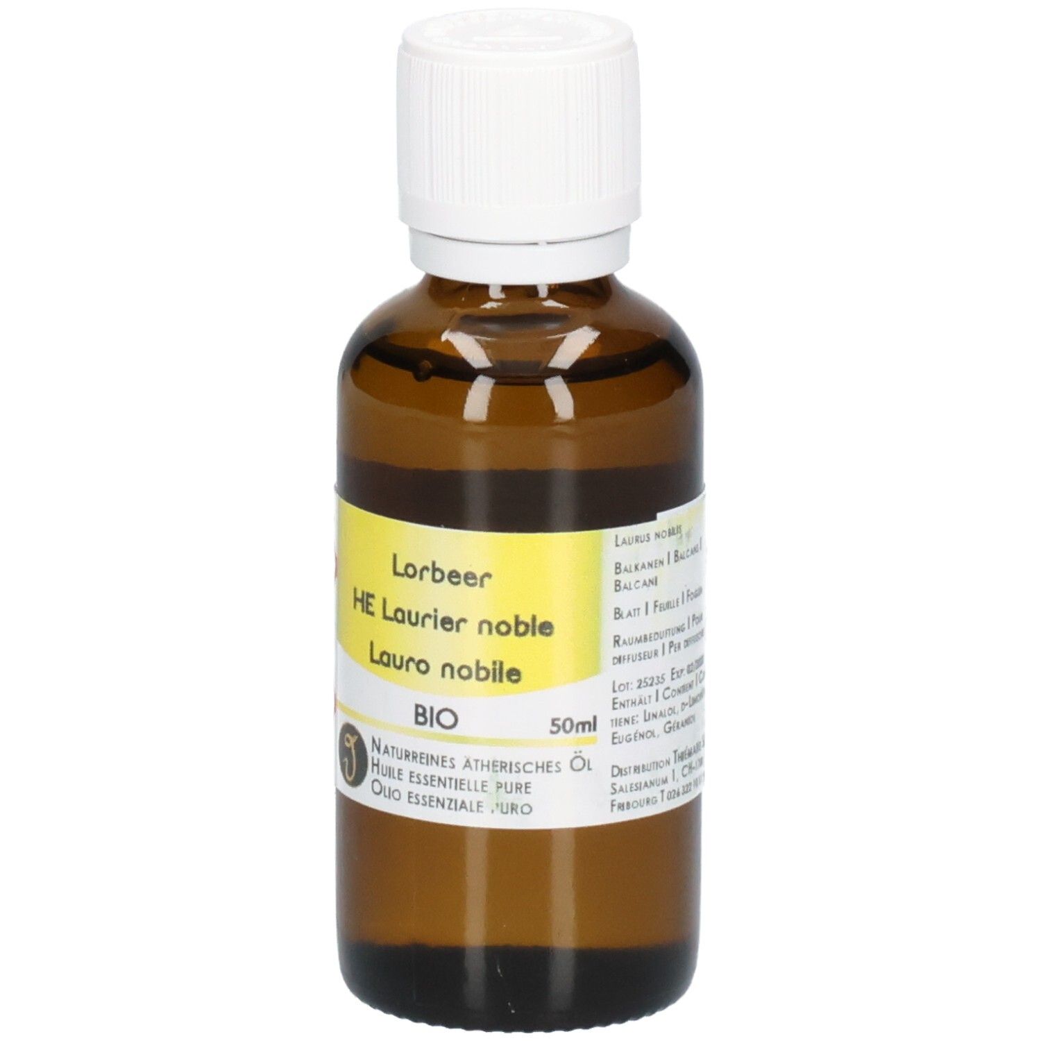 Braune Glasflasche mit weißem Schraubverschluss, gefüllt mit Lorbeeröl. Gelbes Etikett mit BIO-Siegel und 50ml Angabe.