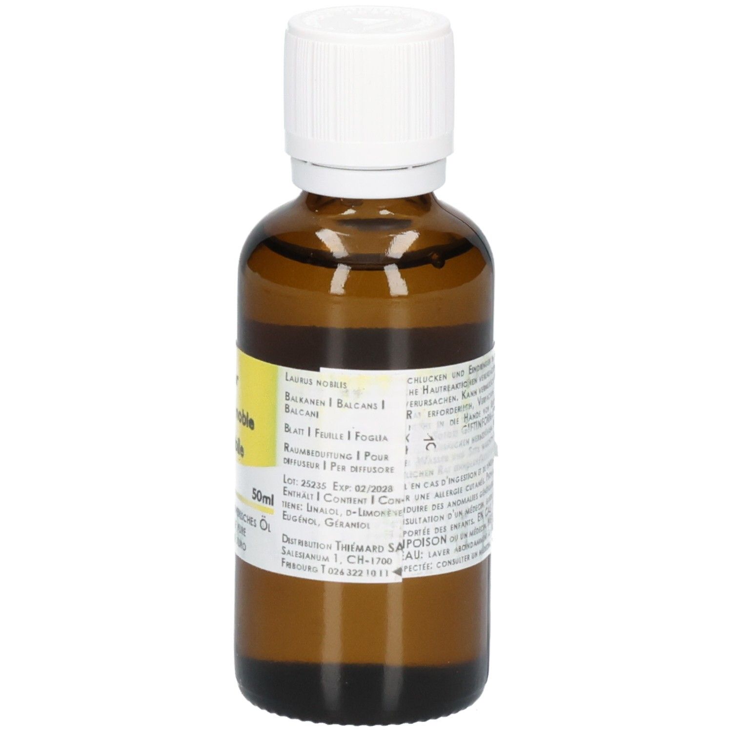 Braune Glasflasche mit weißem Schraubverschluss, 50ml. Enthält ätherisches Öl.