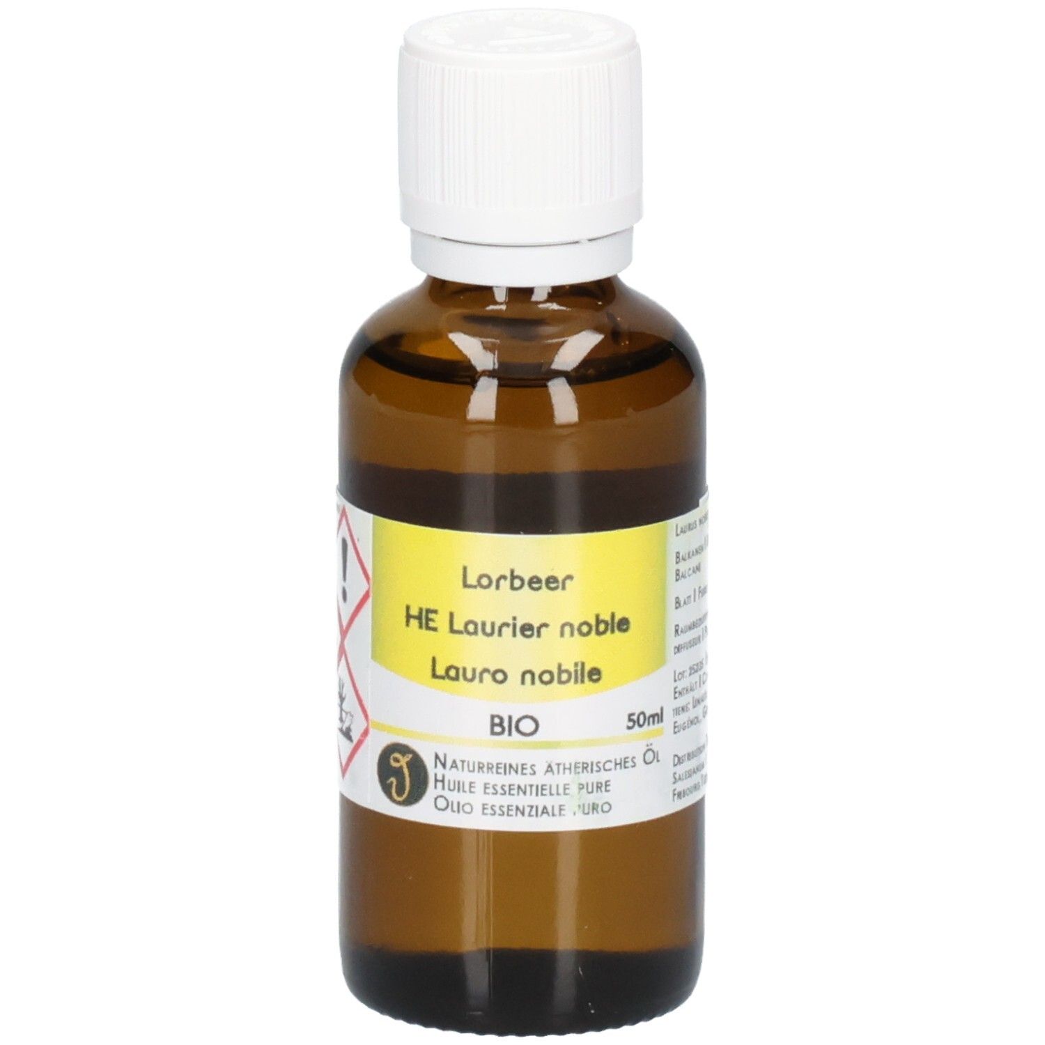 Braune Glasflasche mit weißem Schraubverschluss, gefüllt mit Lorbeeröl. Gelbes Etikett mit Produktinformationen und BIO-Siegel.