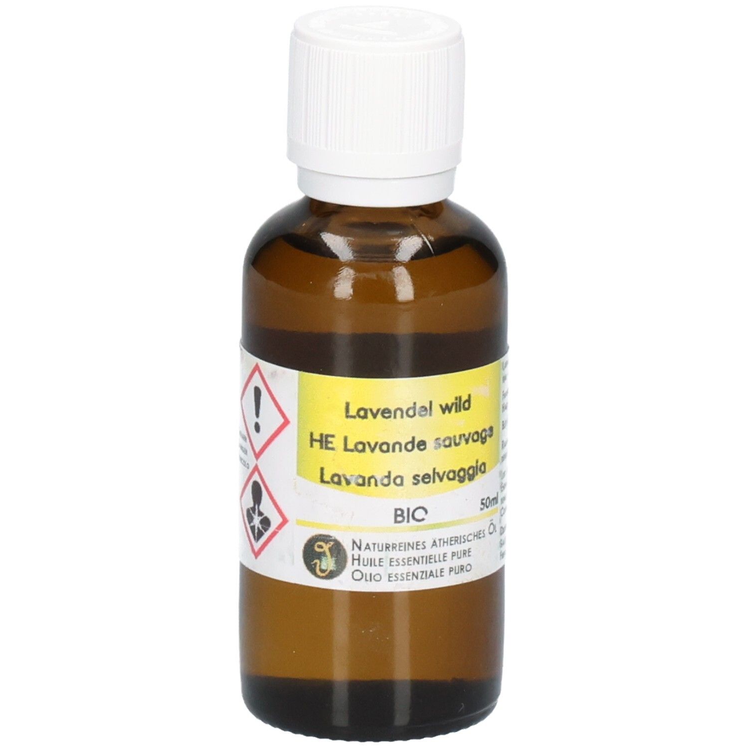 Braune Glasflasche mit weißem Schraubverschluss, gefüllt mit ätherischem Lavendelöl. Gelbes Etikett mit Warnsymbolen und Produktinformationen.